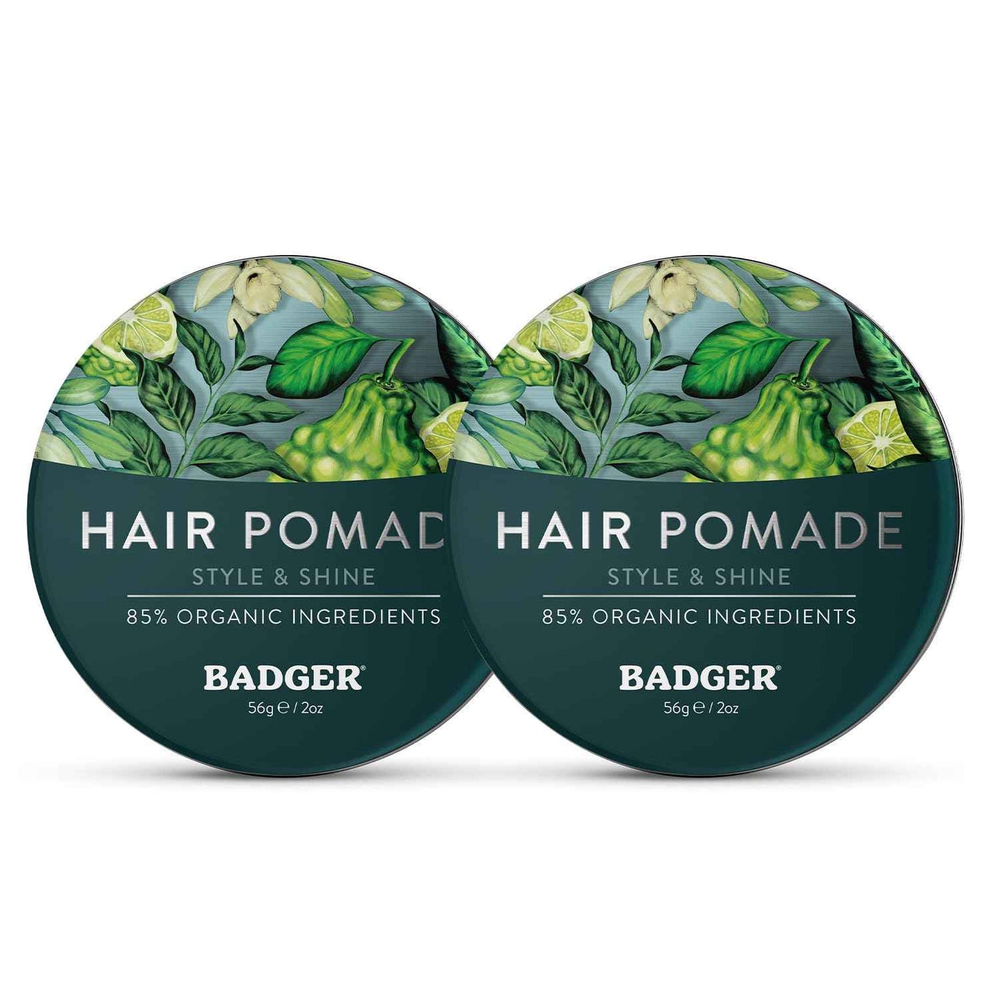 Badger Hair Pomade for Men, Organic, Easy to Use, Subtle Masculine Scent, Medium Hold Hair Pomade with Medium Shine Finish, Nourishes Hair & Scalp 2 oz Tin, 2-Pack