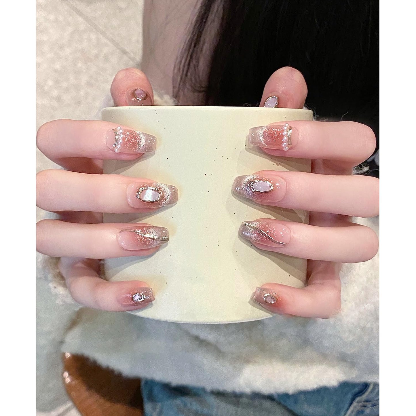 Press On Nails, Wedding False Nails,Reusable Nail Stickers, Artificial Glossy Fake Nails, Press on Fake Nails for Women/Girls(X-SMALL, Ocean Eyes)