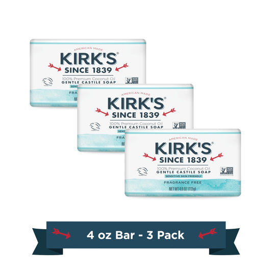 Kirk's Castile Bar Soap Clean Soap for Men, Women & Children | Premium Coconut Oil | Sensitive Skin Formula, Vegan | Fragrance-Free/Unscented | 4 oz. Bars - 3 Pack