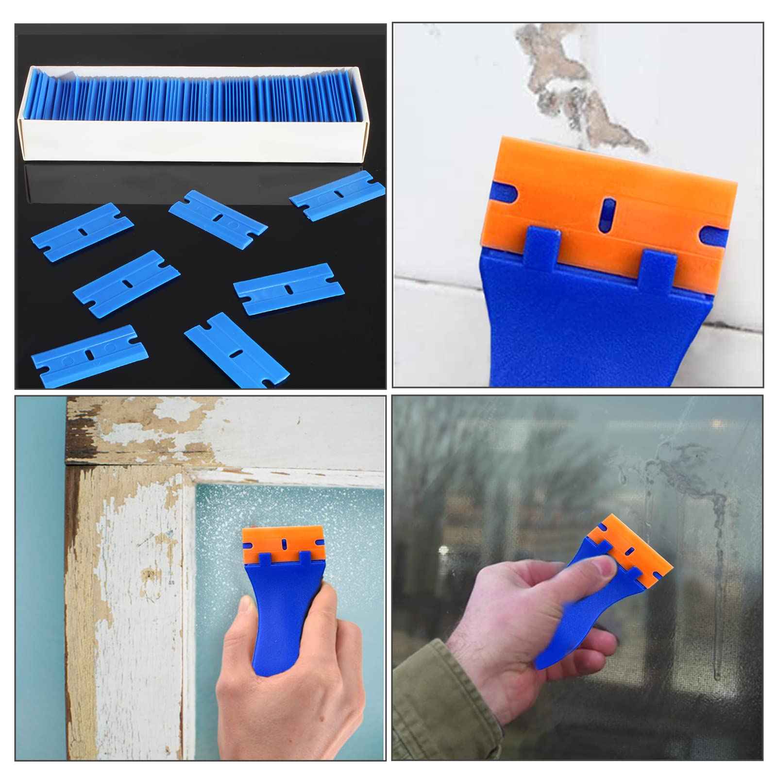 Zorveiio 200 Pcs Plastic Razor Blades Plastic Scraper Blades Double Edge Razor Blade for Removing Labels Stickers Gasket Decals on Glass Car Window - Blue