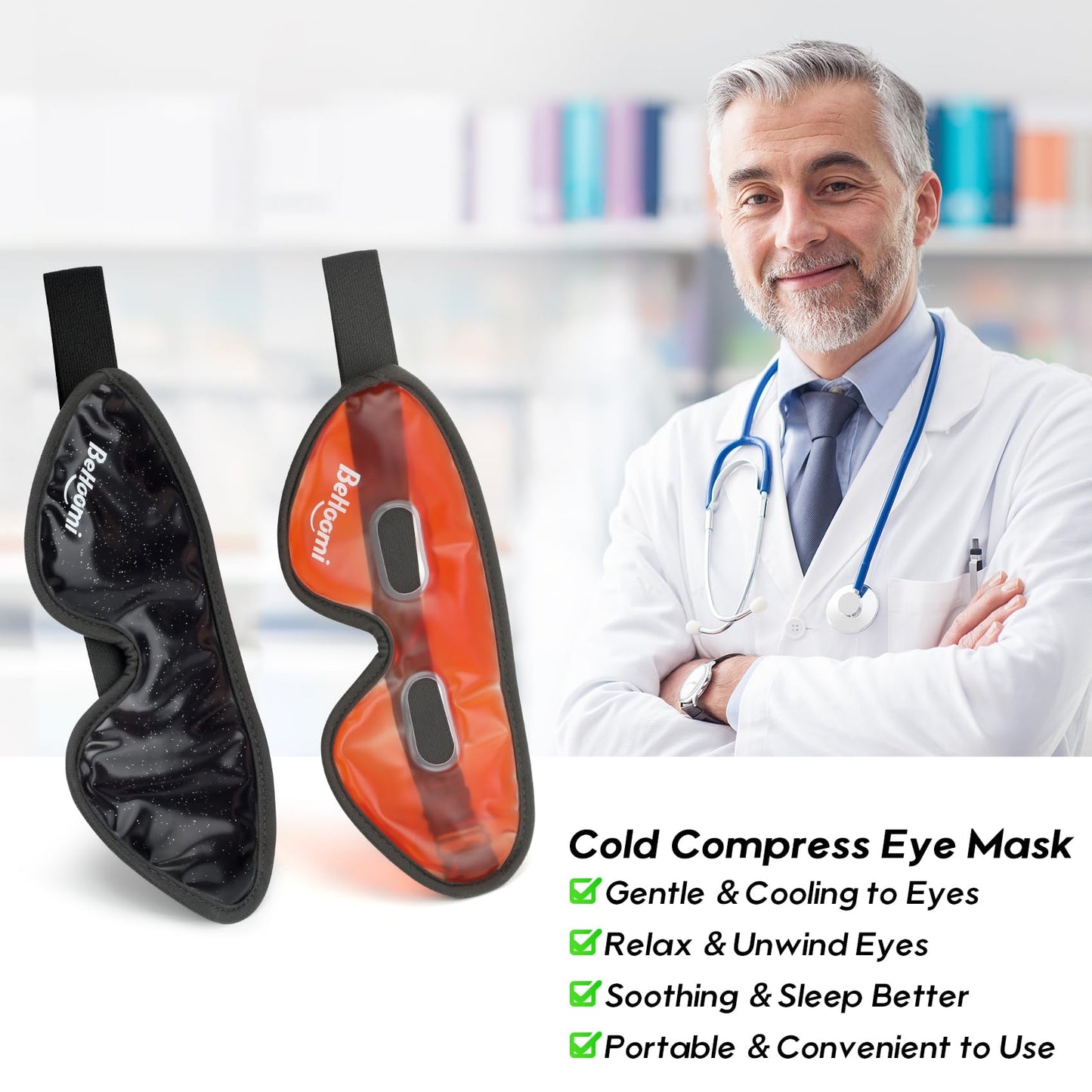 BeHoomi Cooling Eye Mask, Gel Eye Mask Cold Compress for Eyes, Reusable Eye Ice Pack, Cool Relaxation, Comfort Snug Fit, No Freeze, Eye Cover Ice Mask for Home, Office, 2PCS, Black & Orange