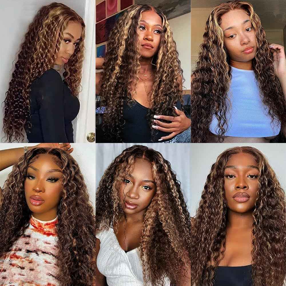 Ombre Human Hair Bundles Highlight Brown Deep Wave Bundles Hair Extensions 30 32 34 Inch Grade 8A Brazilian Virgin Remy Hair 3 Bundles Double Weft P1B/30 Bundles Hair Weave