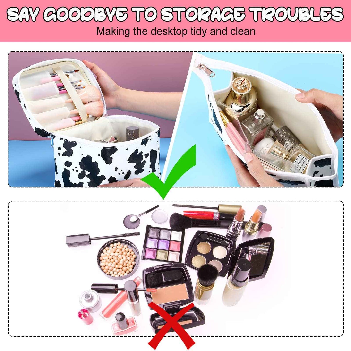 6 Pieces Makeup Bag Set Travel Cosmetic Bag Cow Print Toiletry Pouch Gifts for Women Organizer with zipper Portable Cute Make up Case PU Leather Washable Waterproof