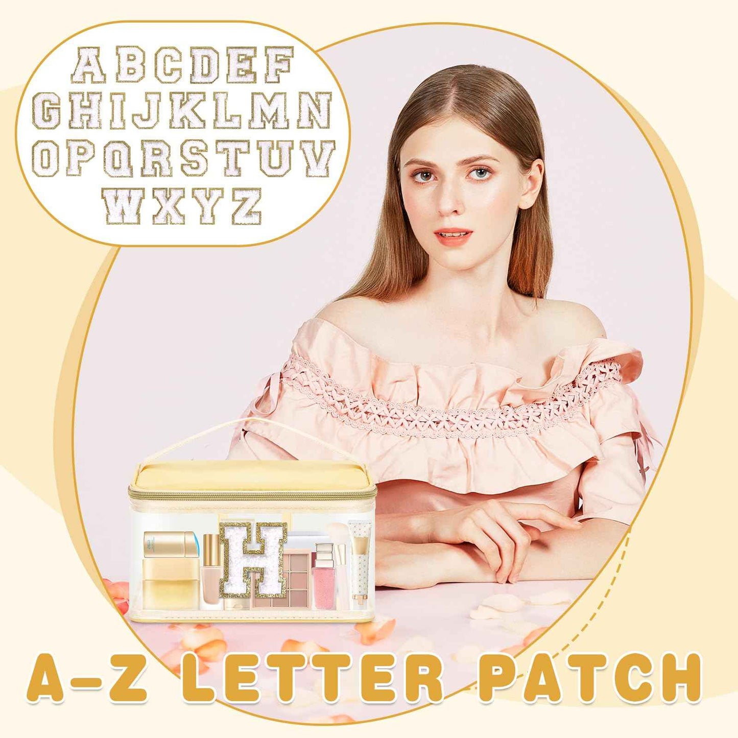 UIXIZQ Personalized Initial Letter Patch Clear Makeup Bag,Cute Preppy Chenille Letter Travel Cosmetic Bag with Handle,Nylon Toiletry Bag Handbag,Large Make up Storage Zipper Pouch for Women,H