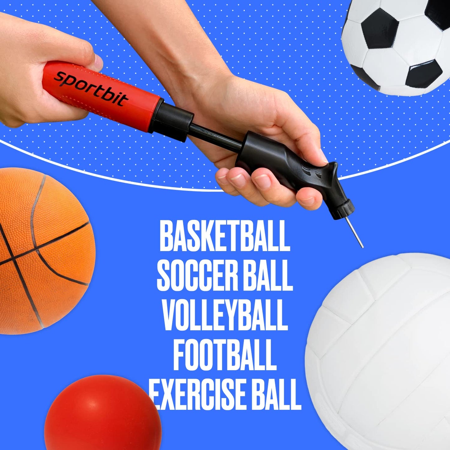 SPORTBIT Ball Pump with 5 Needles - Push & Pull Inflating System - Great for All Exercise Balls - Volleyball Pump, Basketball Inflator, Football & Soccer Ball Air Pump - Goes with Needles Set