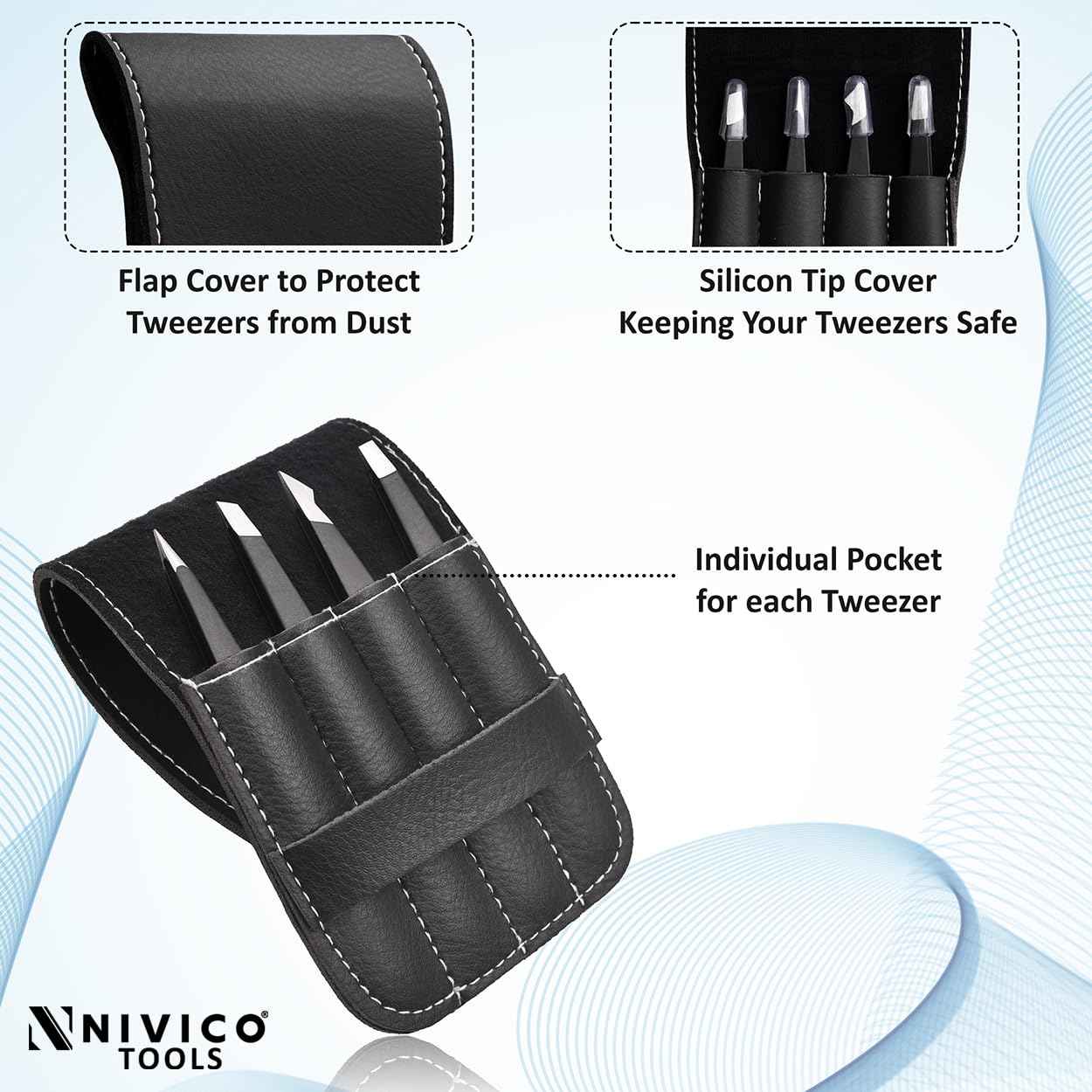 NIVICO Tweezers Set with Leather Pouch – Professional Stainless Steel Tweezers for Eyebrows Precision Facial Ingrown Hair Removal (Black)