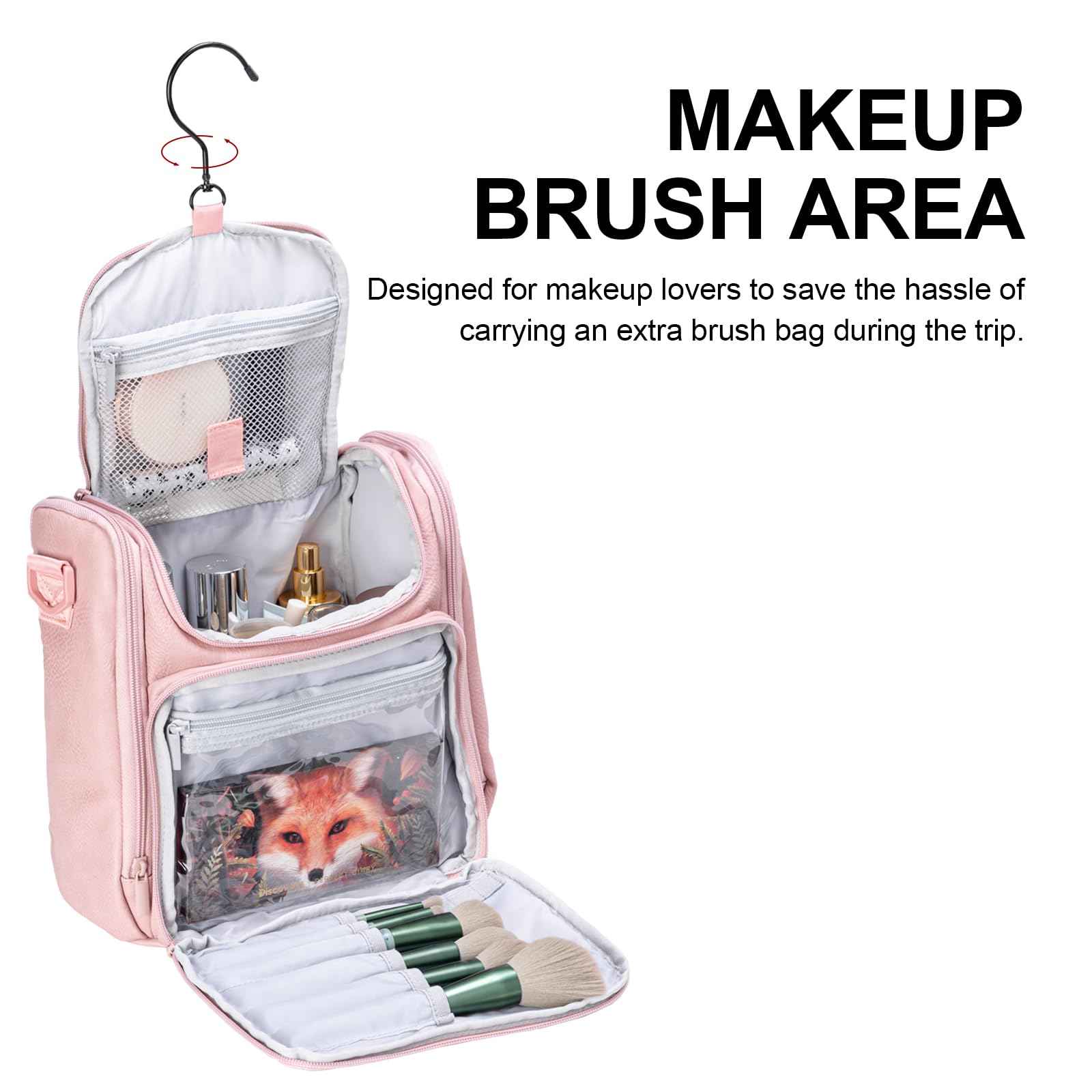 Large Toiletry Bag for Women, Hanging Leather Travel Makeup Bag with 360° Hook and Shoulder Strap, Travel Organizer for Full Sized Container, Toiletries, Brushes (Pink)