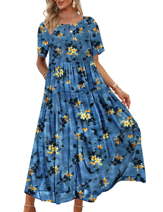 YESNO Women Casual Loose Bohemian Floral Dress with Pockets Short Sleeve Long Maxi Summer Beach Swing Dress S EJF CR428