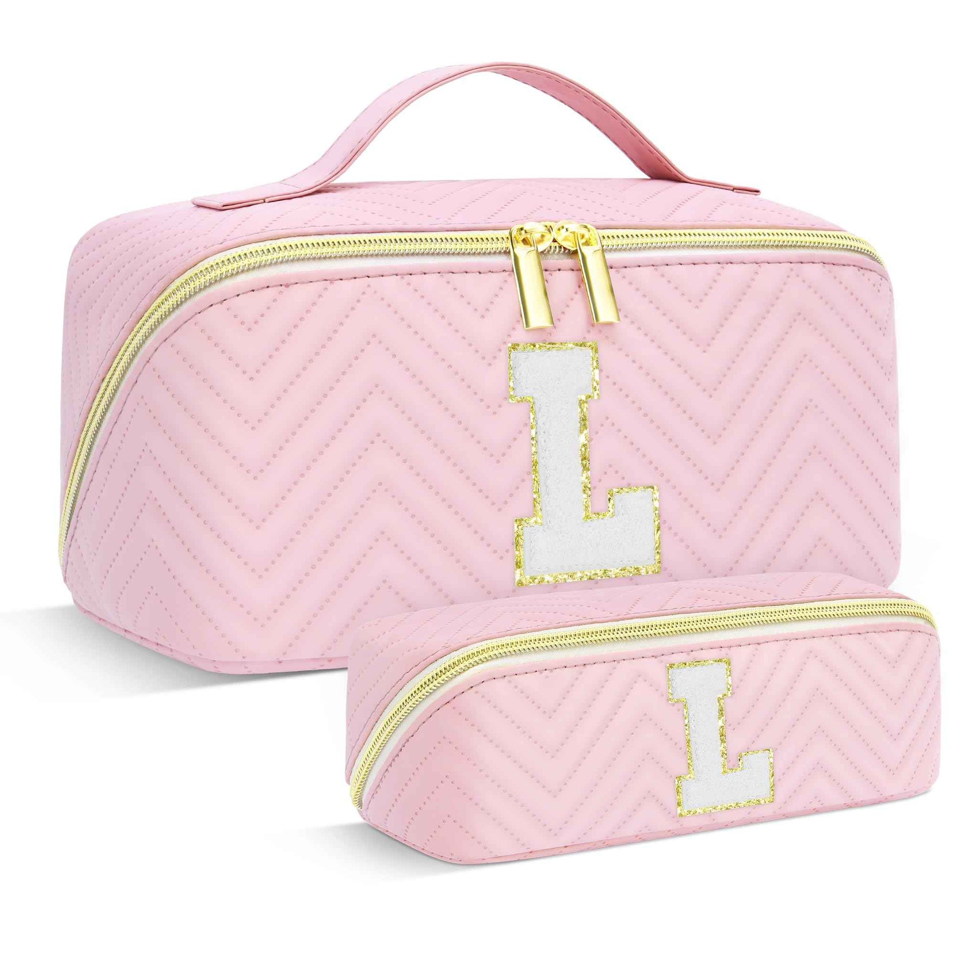 Makeup Bag Travel Toiletry Bag, Personalized Initial Pink Makeup Bag, Gift for Women Gils, Large Capacity Leather Cosmetic Bags, Waterproof Open Flat Organizer for Christmas, Halloween & Thanksgiving