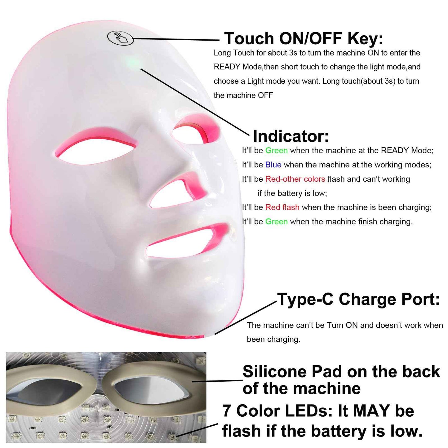 Red Light Therapy Mask for Face, Blue Red LED Light Therapy Device, 7+1 Colors LED Facial Skin Care Mask At Home, USB Rechargeable,Portable
