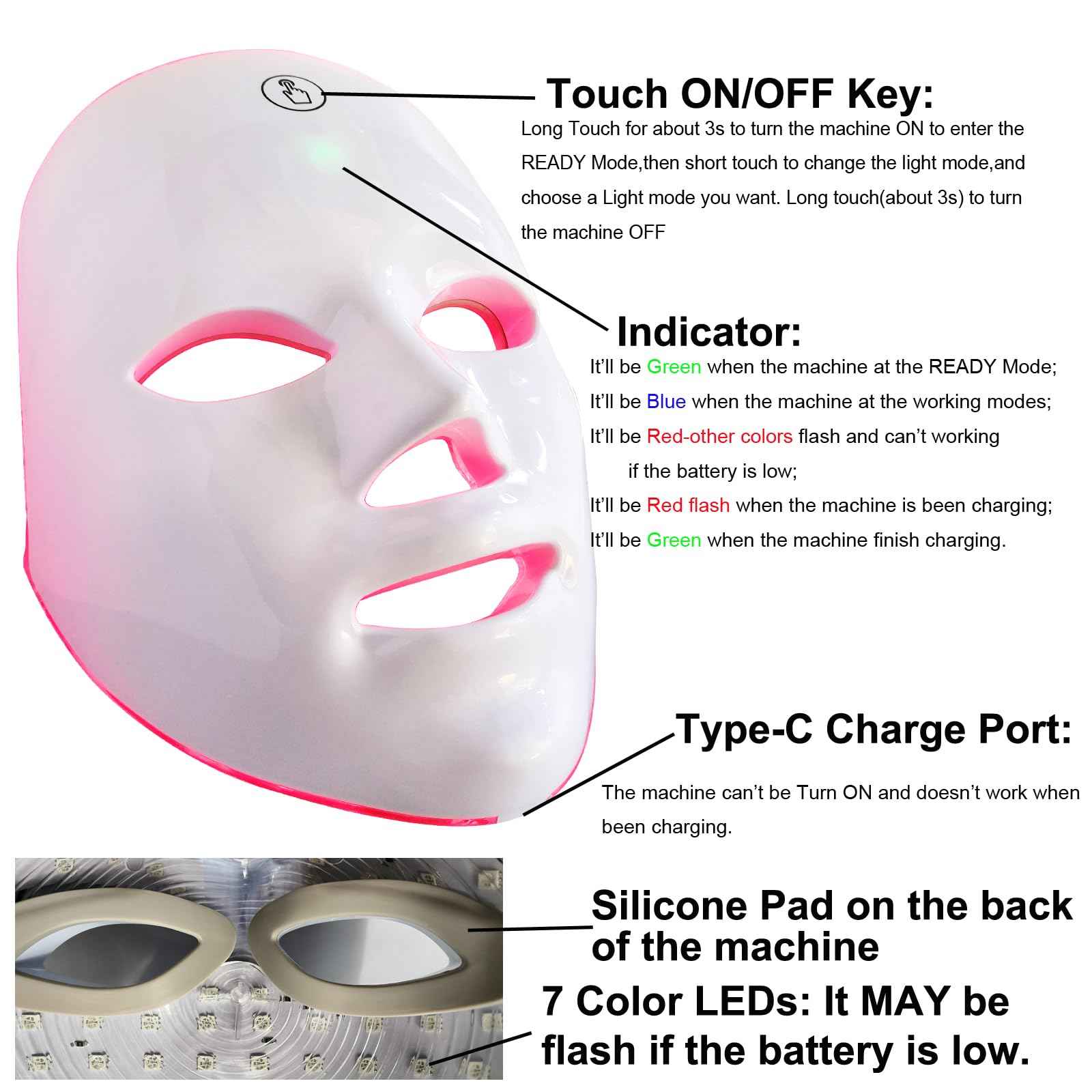 Red Light Therapy Mask for Face, Blue Red LED Light Therapy Device, 7+1 Colors LED Facial Skin Care Mask At Home, USB Rechargeable,Portable