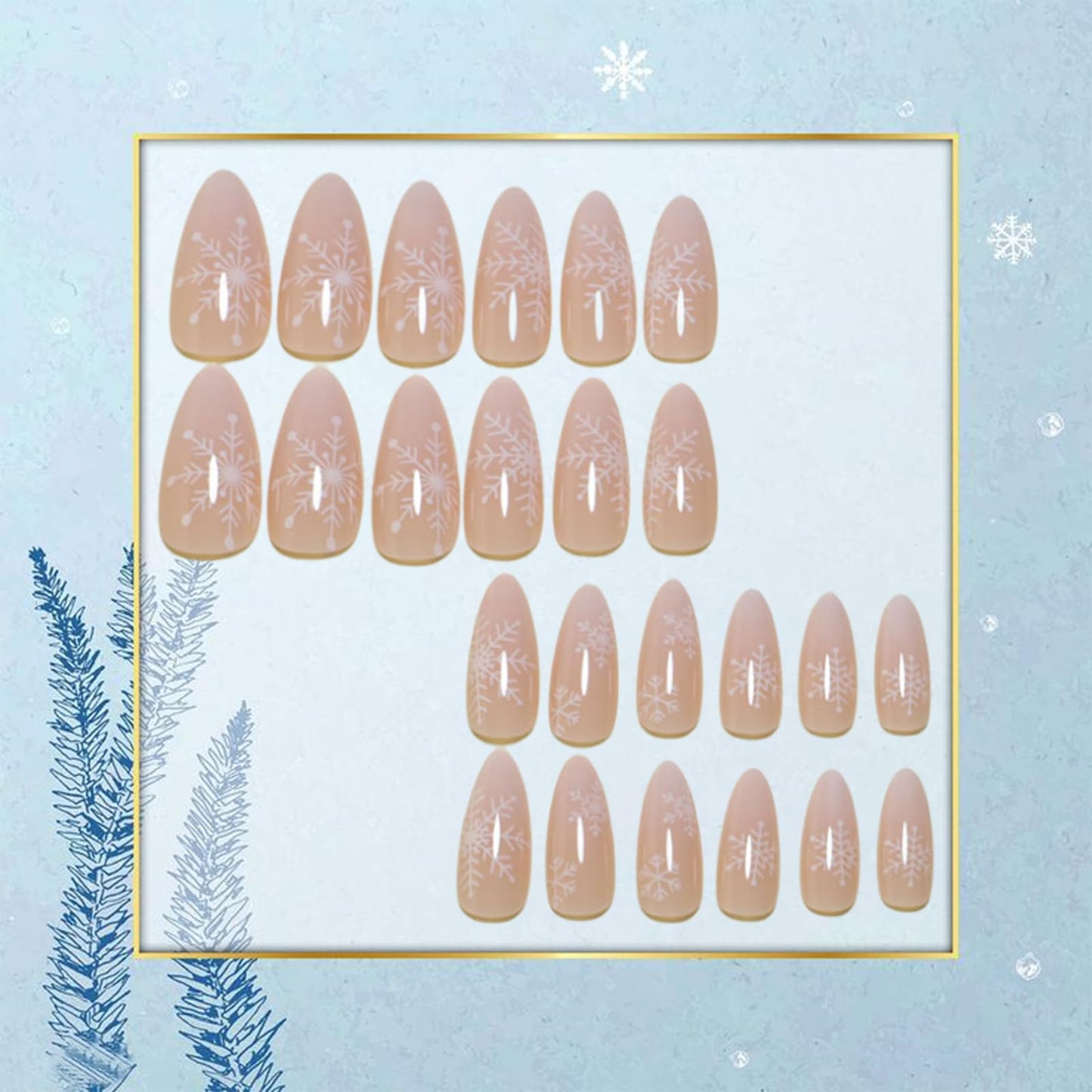 Christmas Press on Nails Medium Length Fake Nails Almond False Nails Snowflake Designs Glue on Nails White Gradient False Nails Acrylic Glue On Nails Full Cover Winter Xmas Stick on Nails for Women