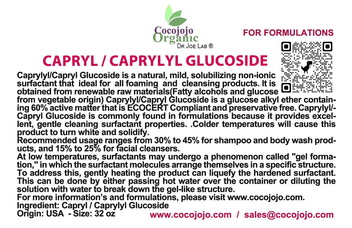 Dr Joe Lab Capryl Glucoside Liquid Surfactant - Caprylyl Natural, Plant Derived - DIY Skin Care - Shower Gels, Foaming, Body Soap, Shampoos Baby Products Face Cleansers - COCOJOJO - 32 Oz