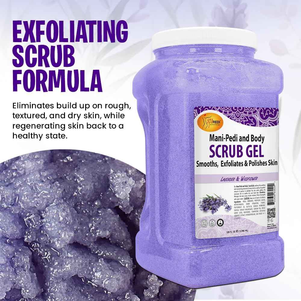SPA REDI - Exfoliating Scrub Pumice Gel, Lavender and Wildflower, 128 Oz - Manicure, Pedicure and Body Exfoliator Infused with Hyaluronic Acid, Amino Acids, Panthenol and Comfrey Extract