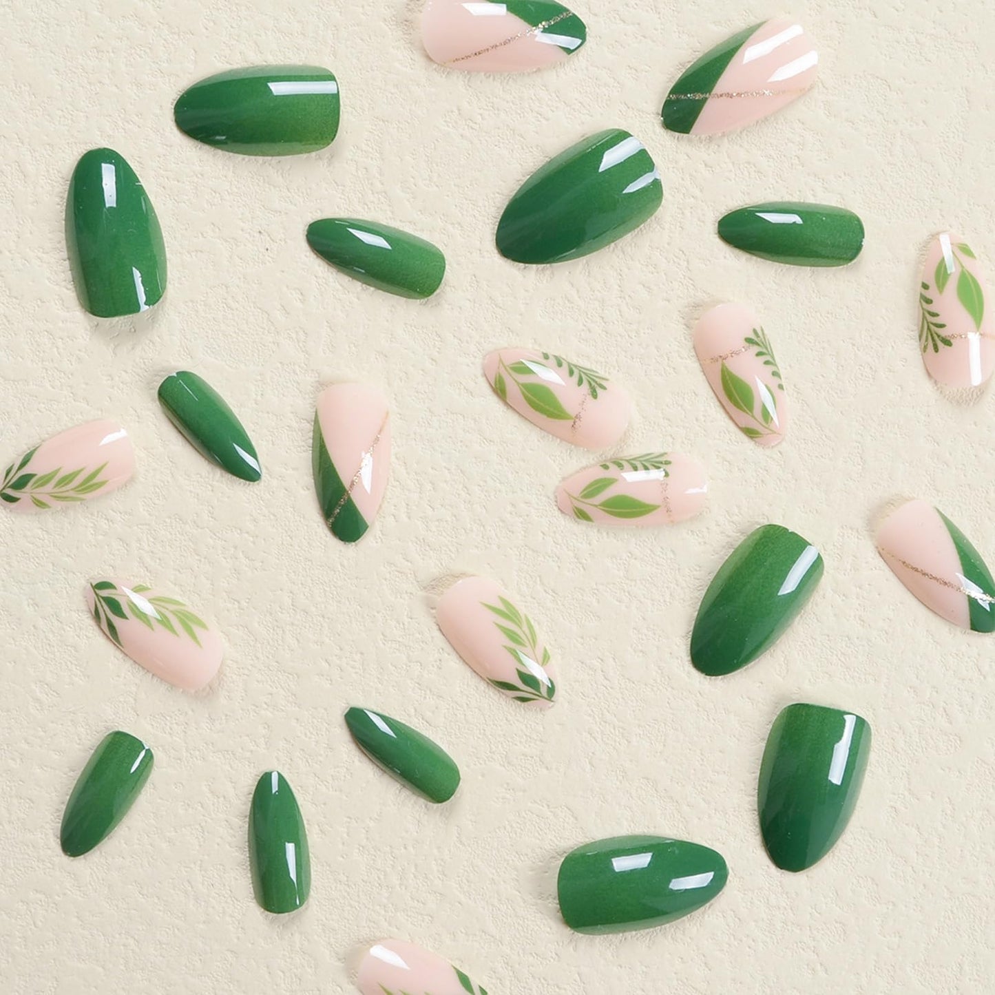 SINHOT Green Press on Nails Medium Almond Fake Nails Green Leaves Nails Glossy Glue on Nails Stiletto Acrylic Nails Gold Glitter Line Arificial Nails Stick on False Nails with Design 24 pcs