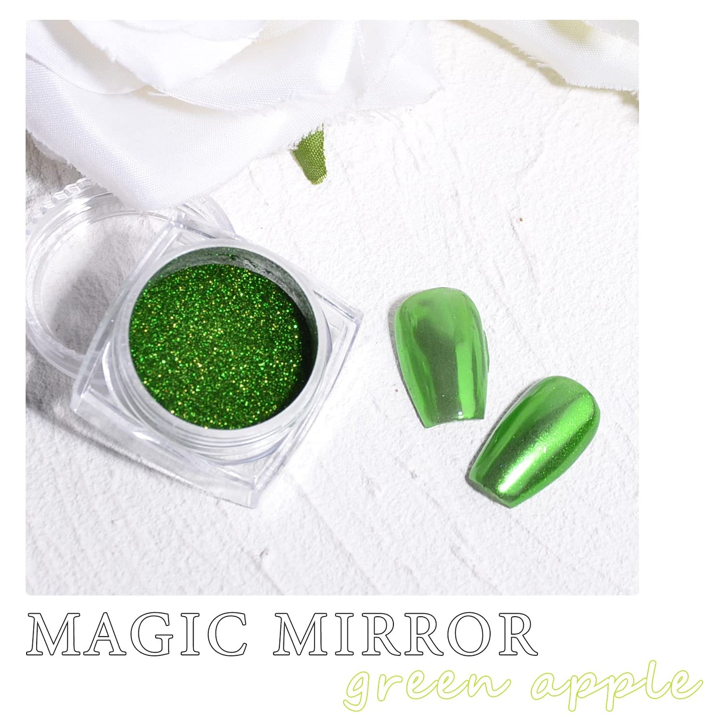 Green Chrome Nail Powder, 2 Jars Nail Art Magic Mirror Powder Chrome Pigment Powder Green Apple Raisins Chrome Nail Powder Manicure Tips with Sponge Applicators