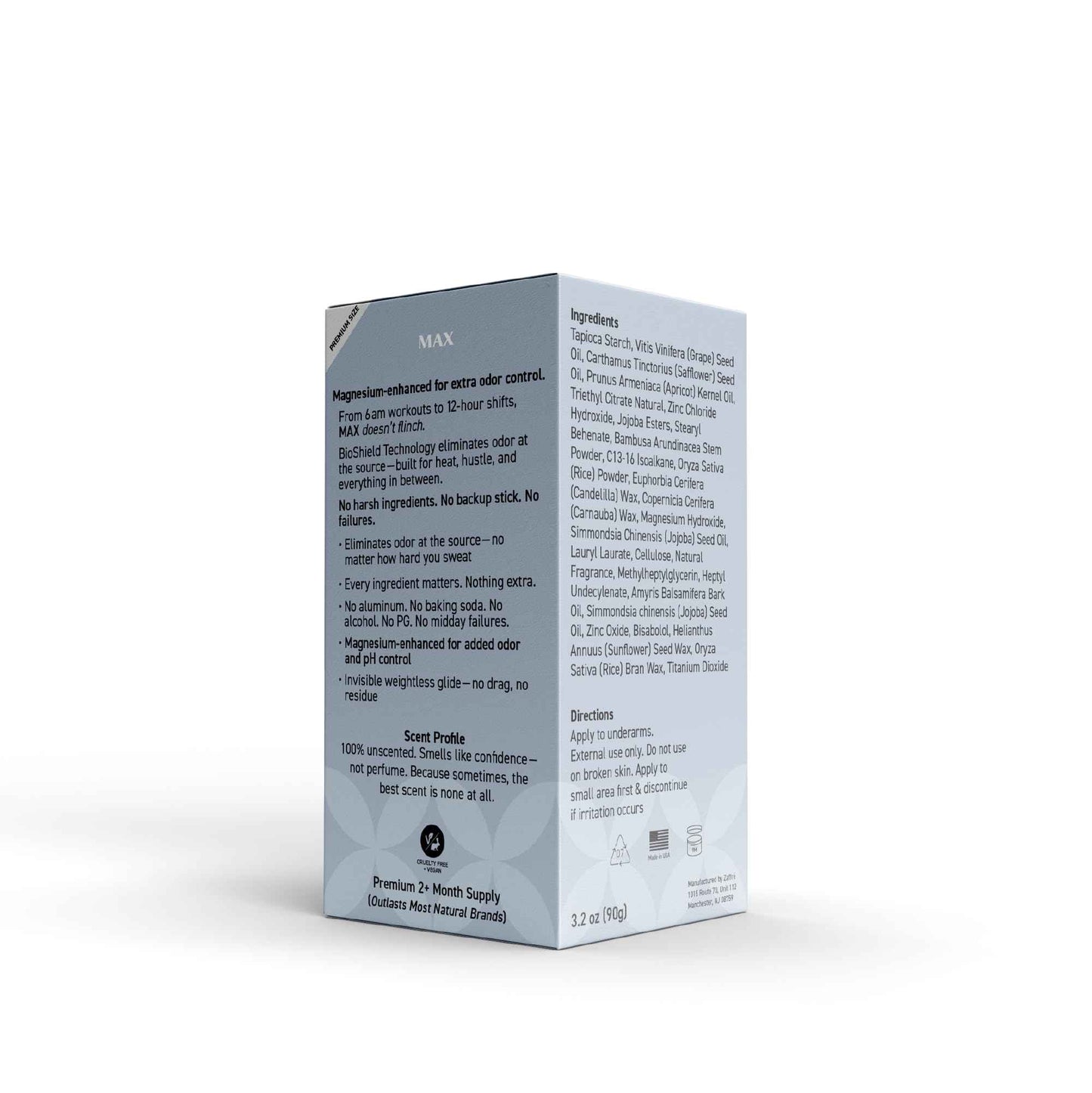 Zaffré Max Natural Deodorant, Unscented, Aluminum-Free Odor Protection, Clinical-grade BioShield Technology, 3.2 oz