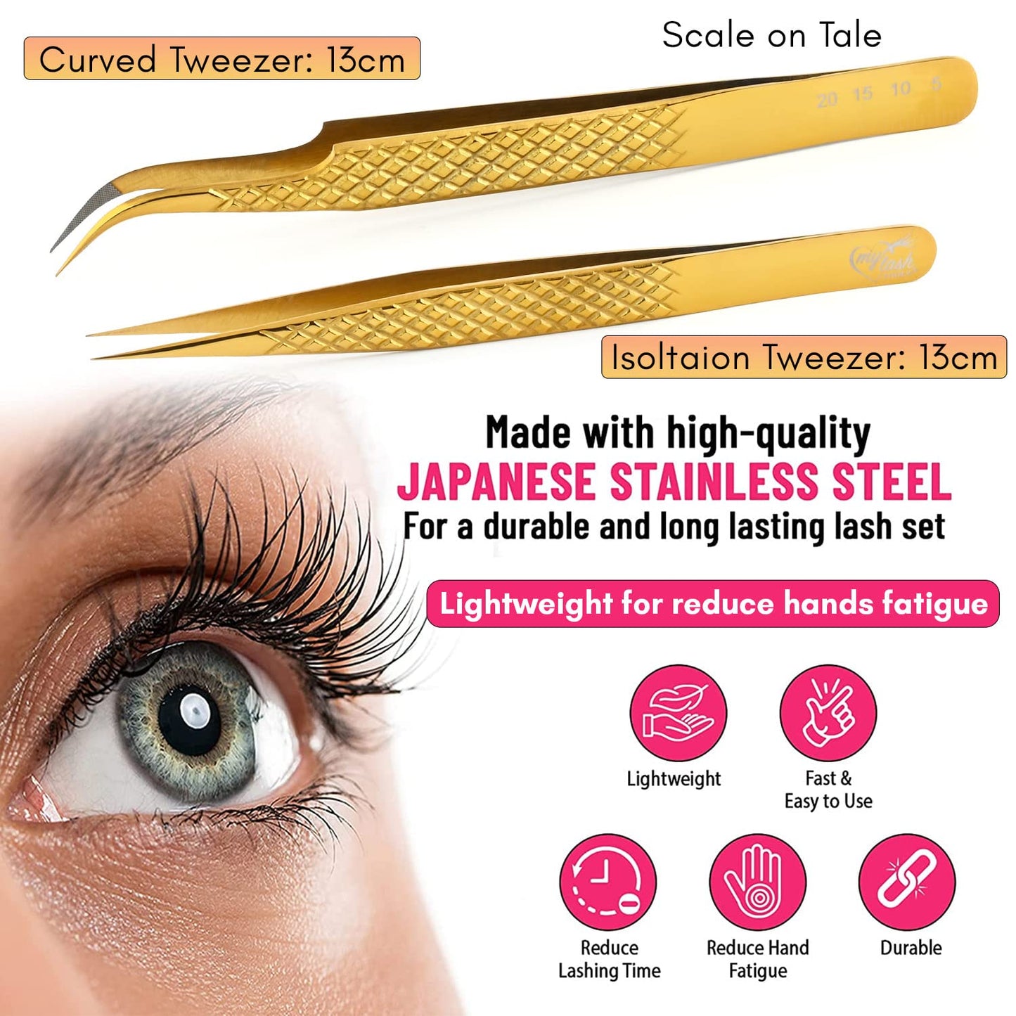 My Lash Tools - New Fiber Tip Lash Tweezers for Eyelash Extensions Tweezers SET OF 2 Mini Isolation & Microgrip Tip Curved Volume Tweezers Japanese Steel Lashing Tweezer (Gold)