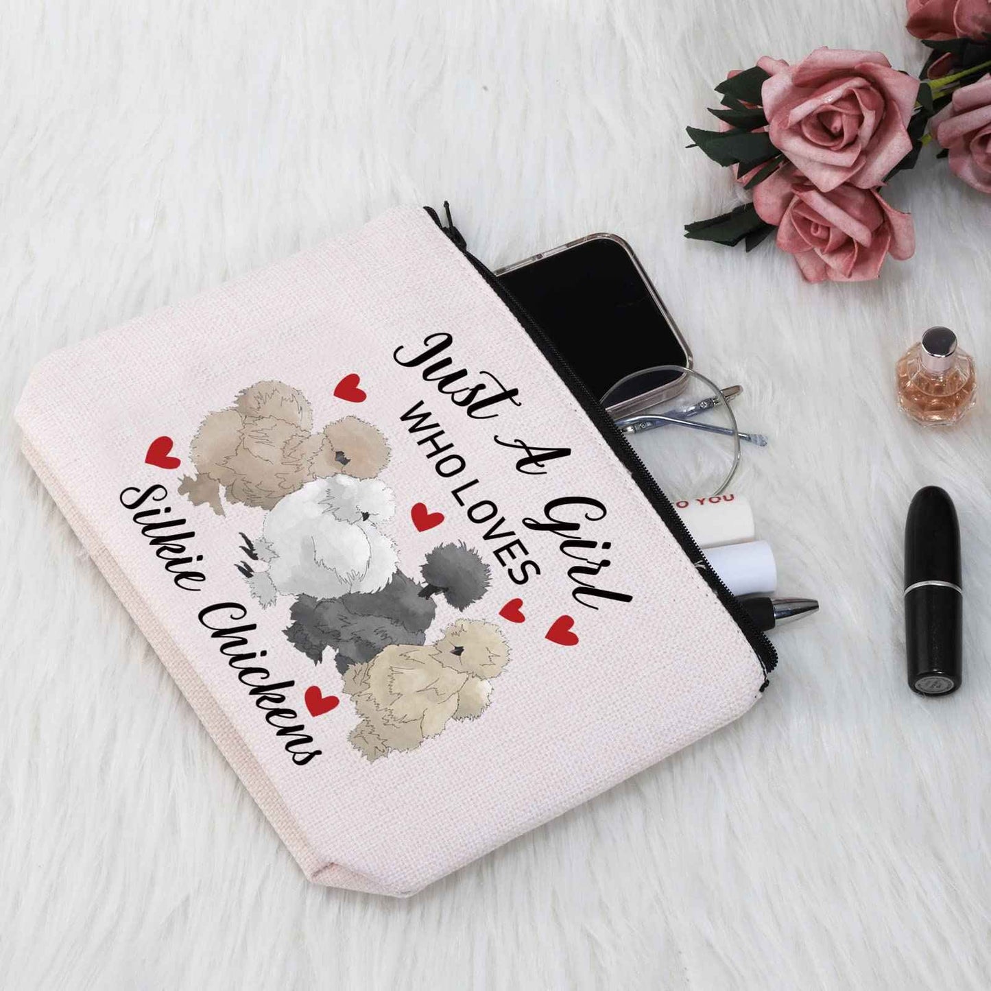 G2TUP Silkie Chicken Lover Gift Who Loves Silkie Chickens Makeup Bag Silkie Chicken Owner Cosmetic Bag Crazy Chicken Lady Zipper Travel Bag (Who Loves Silkie Chickens White Bag)