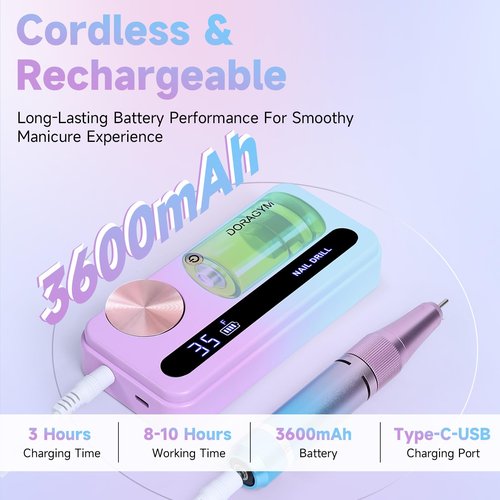 Nail Drill Professional, 35000RPM Electric Nail File Rechargeable, Portabel Nail Drill Cordless Kit Efile for Acrylic Nails, Nail Dremel Manicure Perdicure for Salon & Home Use (Gradient)