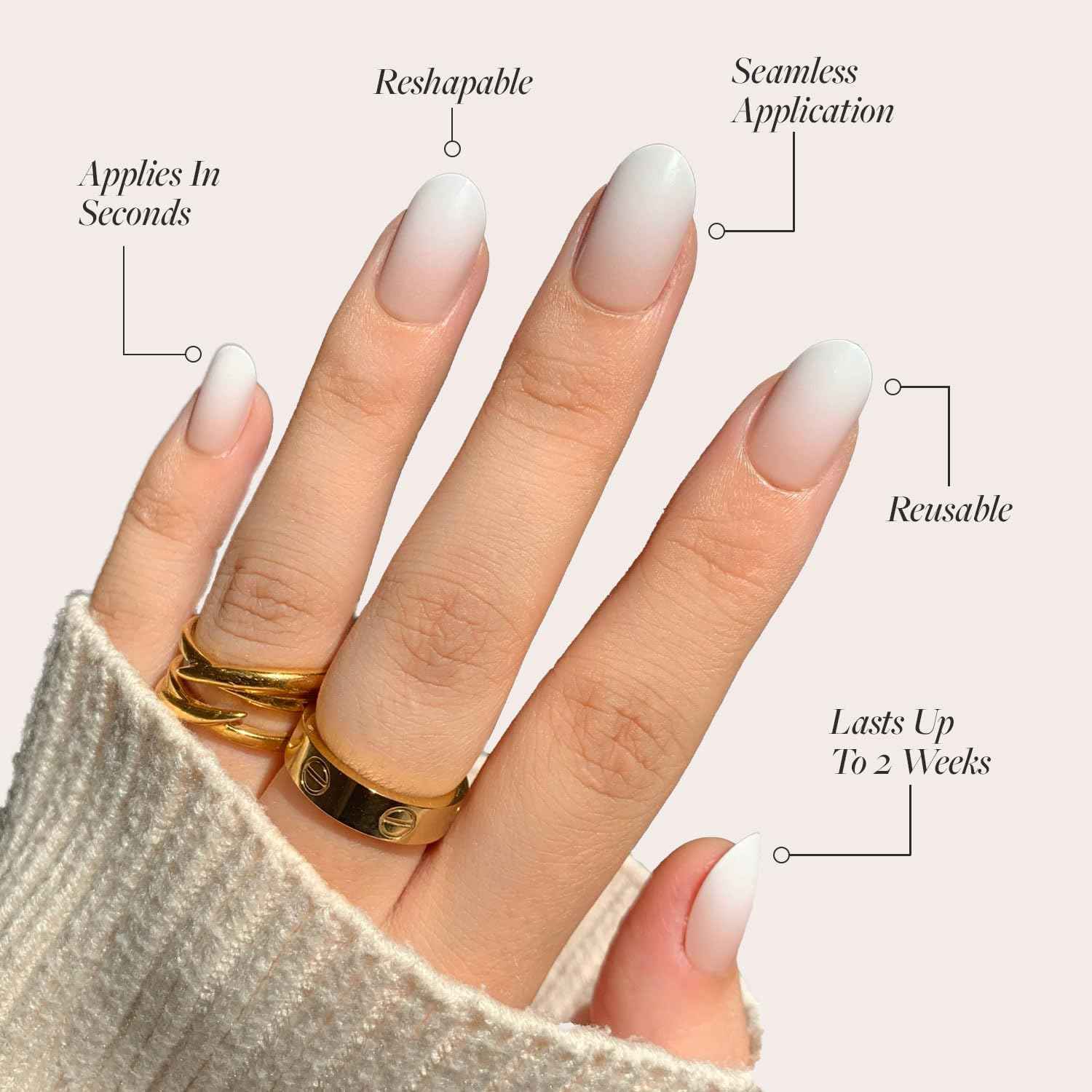 Glamnetic Press On Nails & Brush On Nail Glue Bundle - Creamer | Neutral Ombre Short Round Nails, Reusable | 15 Sizes - 30 Nail Kit with Glue