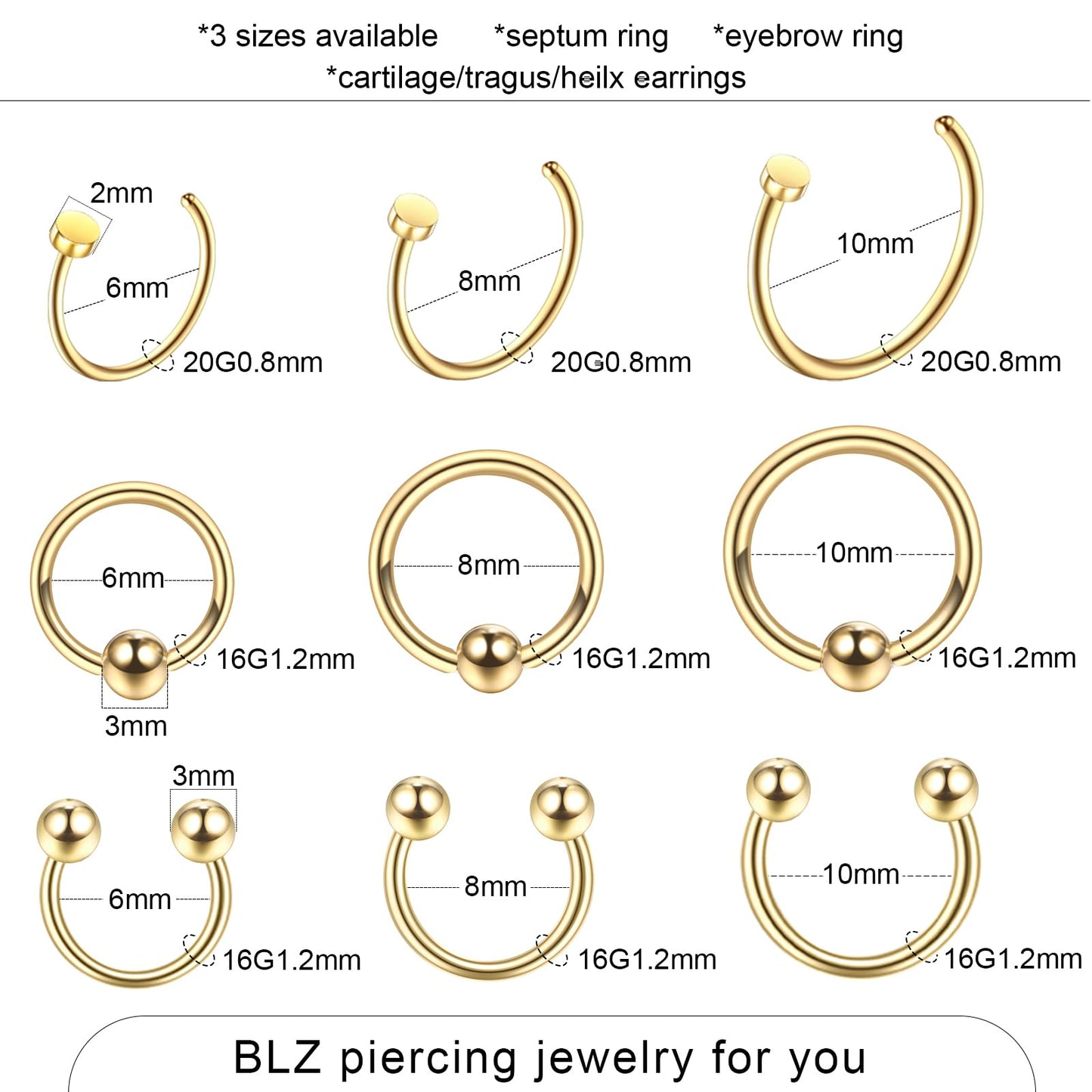 BLZ 90PCS Mixed-pack Piercing Kit Stainless Steel 14G 16G 18G 20G Piercing Needle with Nose Septum Lip Tongue Tragus Cartilage Daith Eyebrow Belly Button Rings Retainer Piercing Jewelry gold