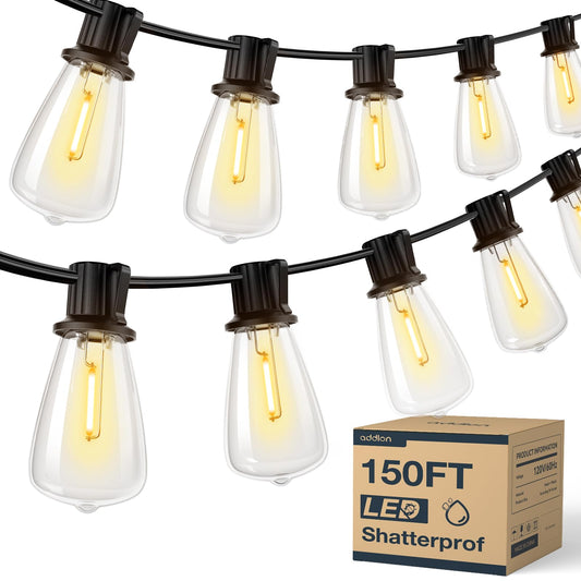 addlon 150FT(50FT*3) LED Outdoor String Lights Waterproof Patio Lights with 48 Shatterproof ST38 Replaceable Bulbs(3 Spare), Dimmable Outside Hanging Lights Connectable for Porch, Backyard, 2200K