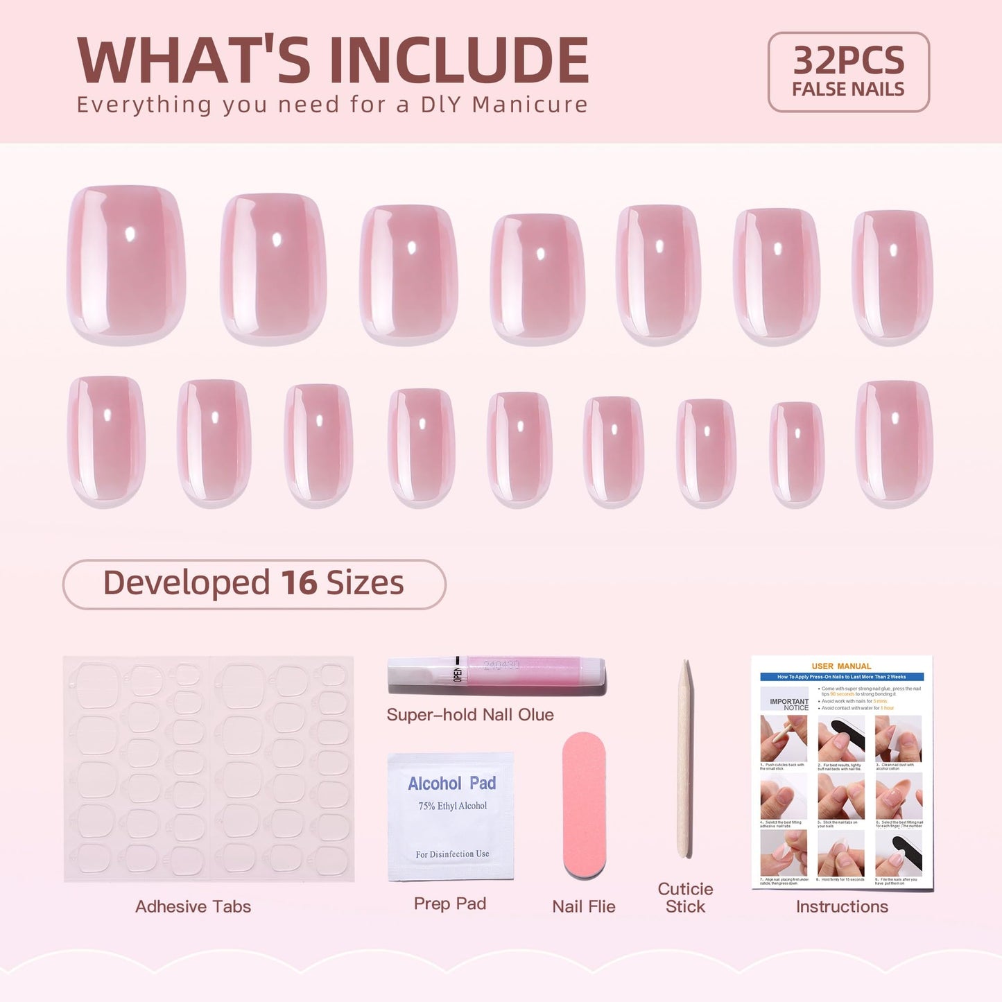 RTKHFZE Pink Press On Nails Short - Square Press on Nails,Glossy Short Gel Fake Nails,Fit Perfectly,Reusable Square Stick On Nails in 16 Sizes - 32 Soft Gel Glue On Nails Kit