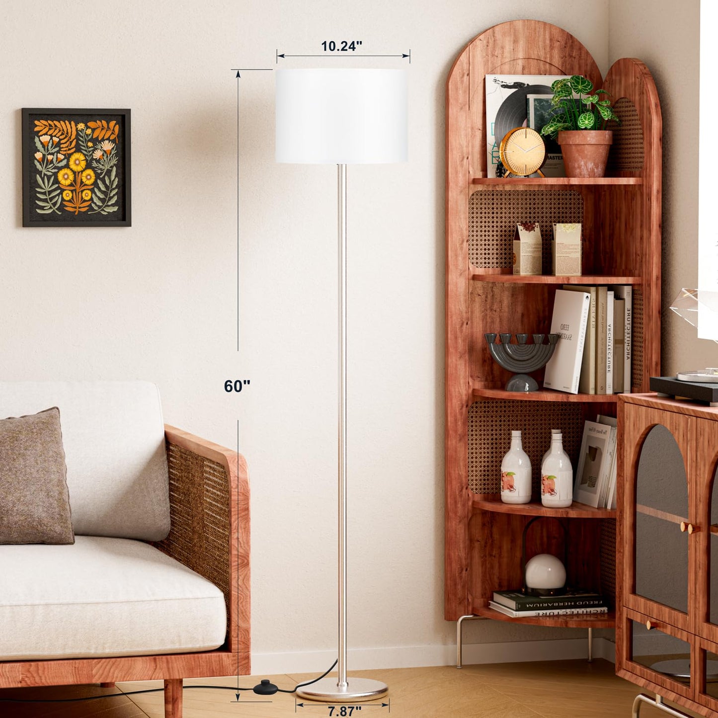 Ambimall 60'' Modern Floor Lamp with Shade, Tall Lamps for Living Room, Bedroom, Office, Dining Room, White Shade with Silver Pole(Without Bulb)