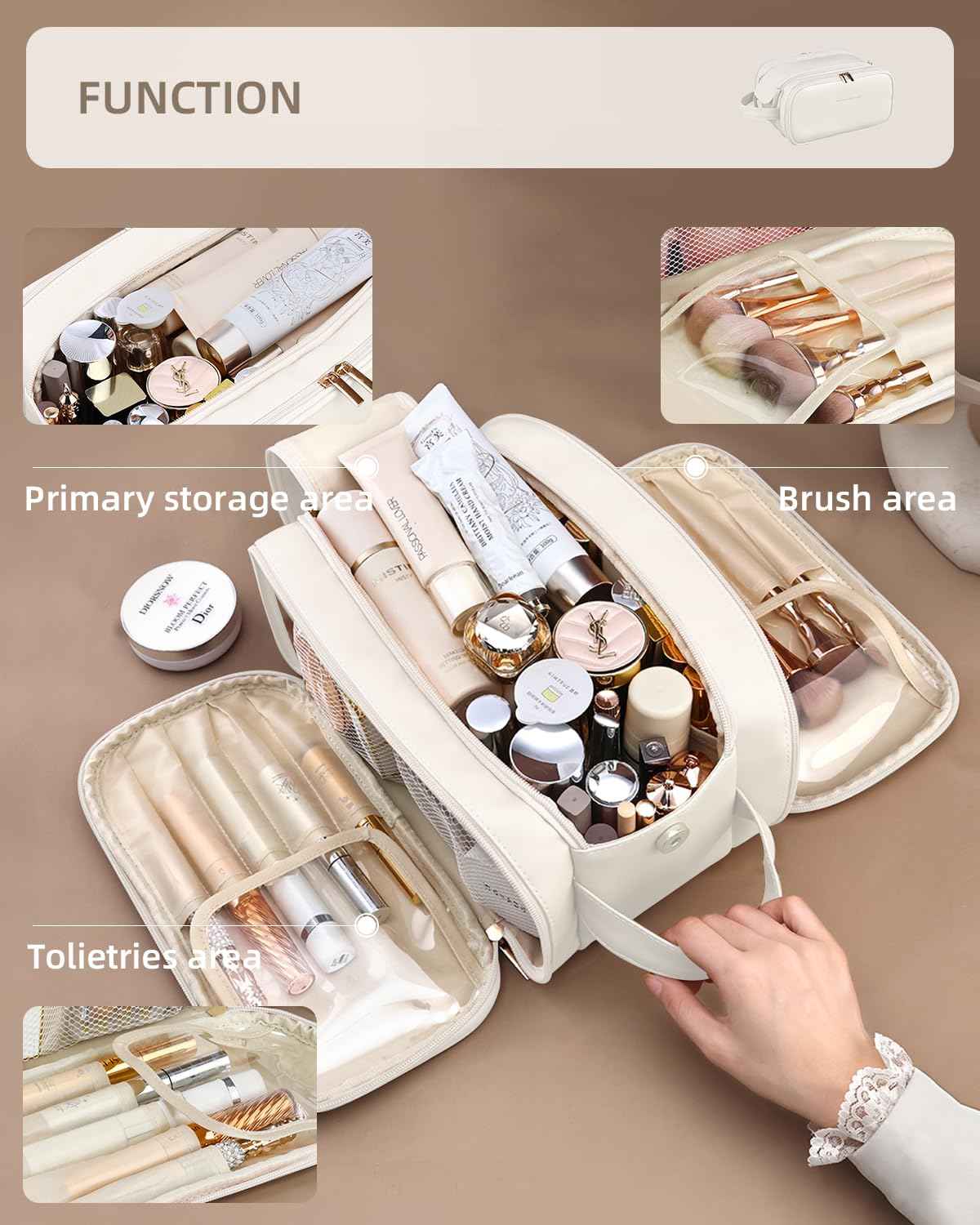 Yikisite Travel Makeup Bag - Women's Portable Travel Organizer, Waterproof Cosmetic Storage Bag, Vertical Brush Holder for Easy Access