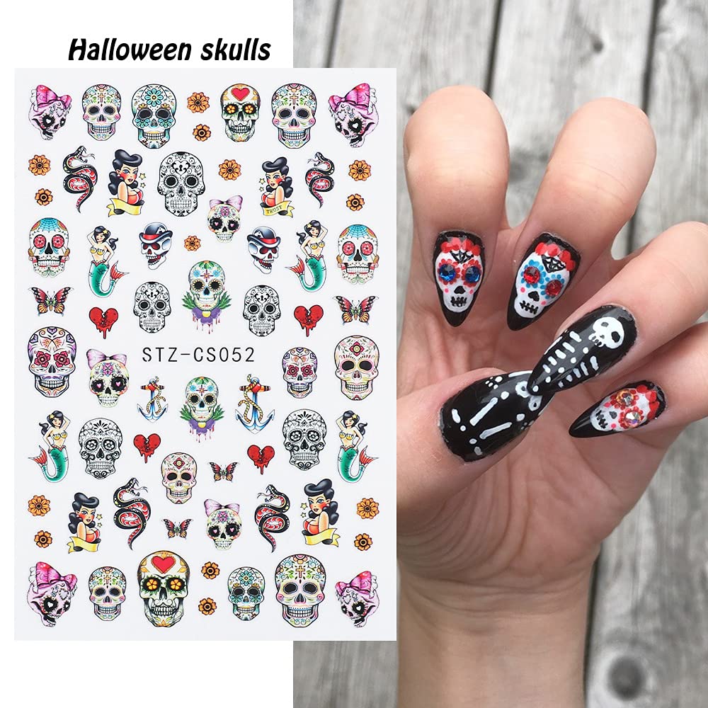 Autumn & Halloween Nail Stickers, 9 Sheets Skull Nail Decals 3D Self-Adhesive Fall Leaves Pumpkin Bat Ghost Spider Web Skeleton Pattern Nail Art Design for Thanksgiving Halloween Party