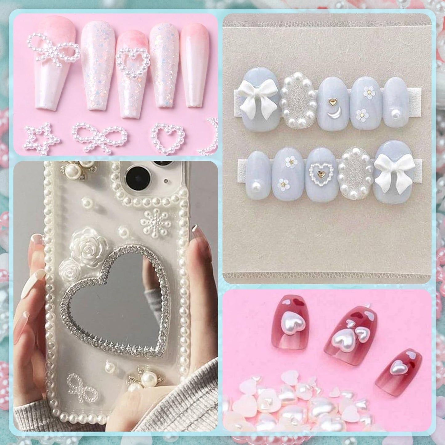 600Pcs 3D Multi Shapes Nail Charms and Flatback Pearls, White&White AB Mix Styles Heart Star Bow Sunflower Embellishments for Nail Art, Craft and Decoration with Glue Gel, Tweezer and Pickup Pencil