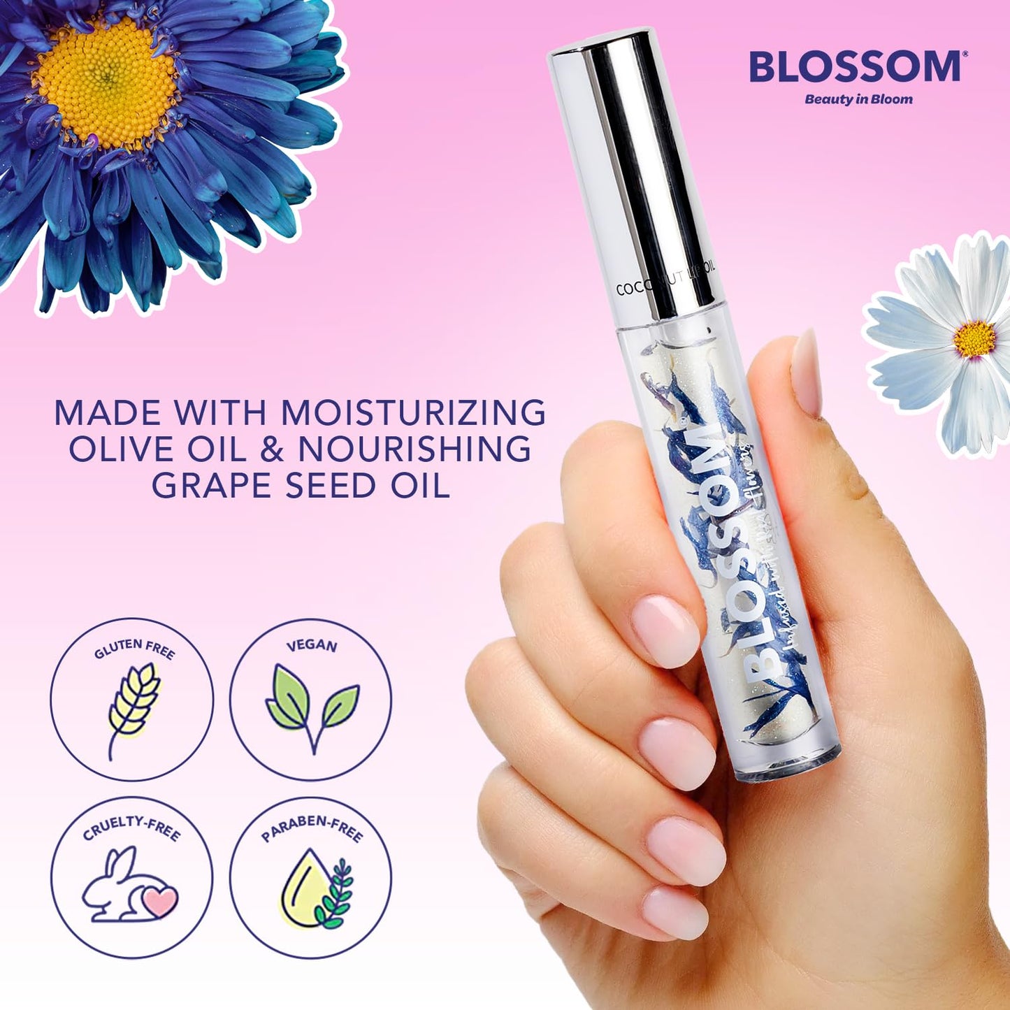 Blossom Moisturizing and Hydrating Shimmer Sparkle Lip Oil with Olive Oil + Grape Seed Oil, Infused with Real Flowers, 3g, Coconut