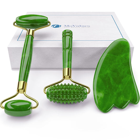 4-in-1 Jade Roller and Gua Sha Set. Jade Face Roller with Eye Massager, Jade Gua Sha, Ridged Roller Massager. Jade Roller for Face Real Jade 100% Jade Stone Roller. Warm Facial Massager or Ice Roller