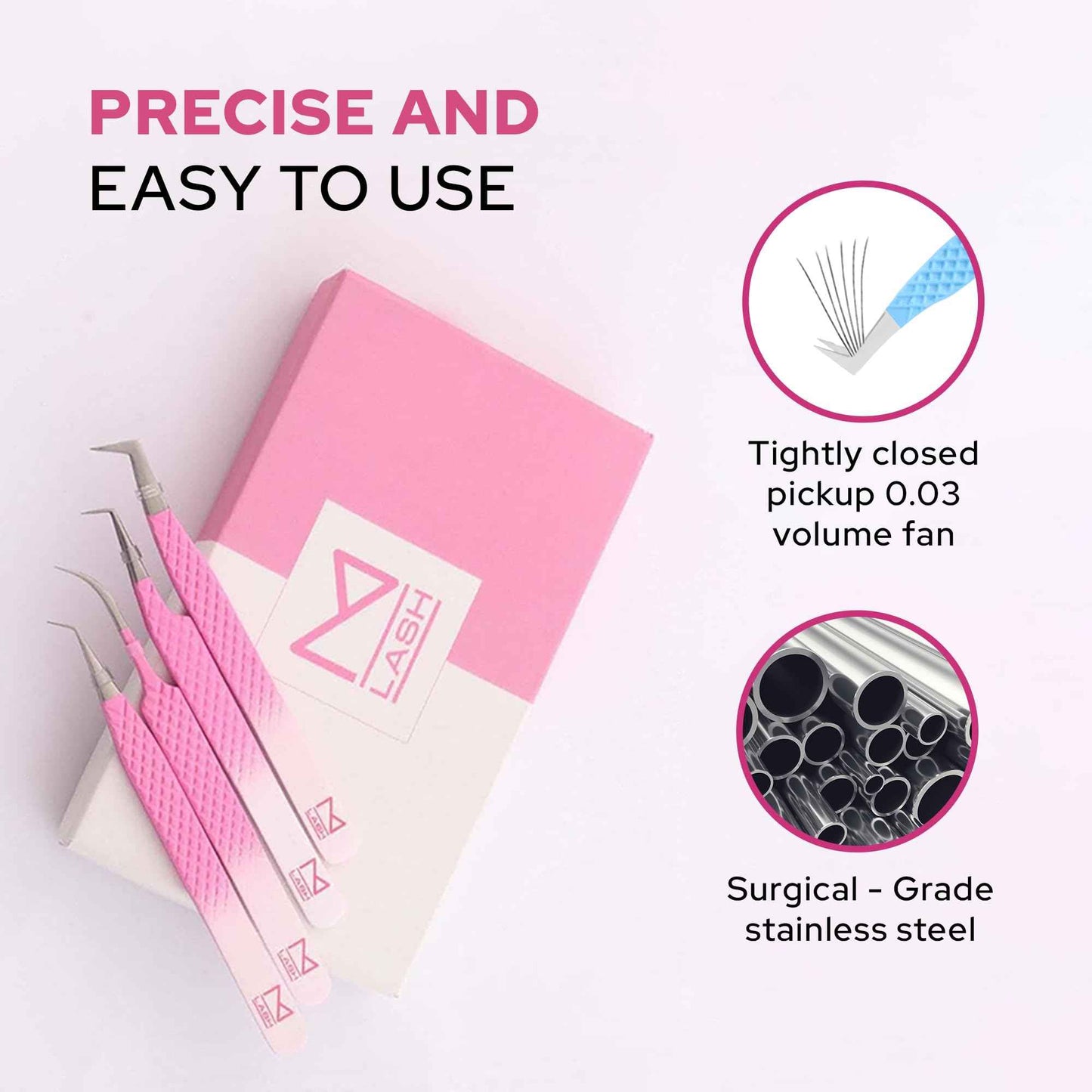 M LASH Tweezers for Eyelash Extensions (Set of 4) - Professional Lash Extension Tweezers - Fiber Tip, Japanese Steel, Diamond Grip Eyelash Extension Tweezer set (White)