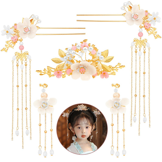 5 Pcs Flower Chinese Tassel Hair Stick Crystal Pearl Hanfu Hair Pins Classical Floral Bride Wedding Accessories for Women