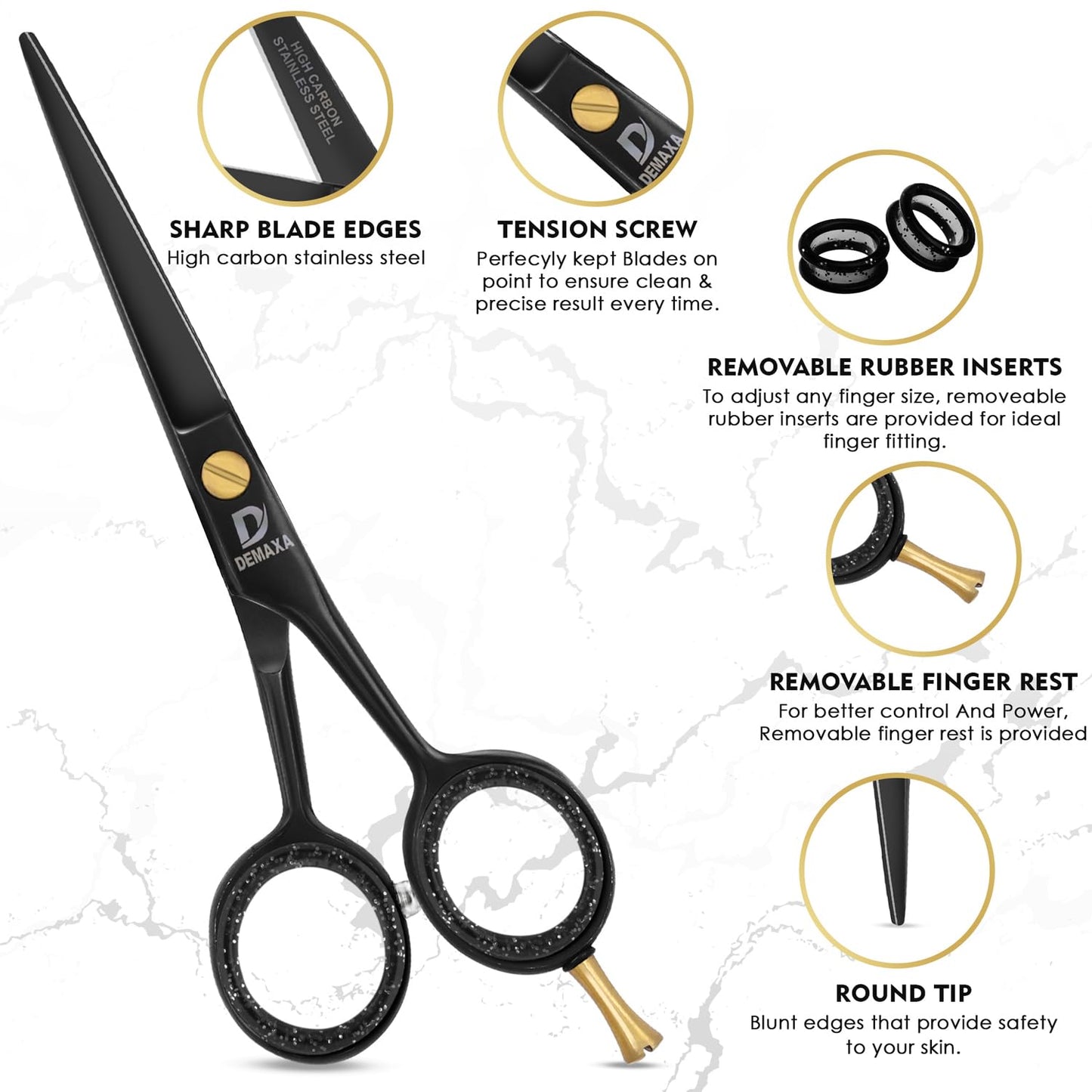 DEMAXA 5" Professional Beard Mustache Scissors with 1 Mustache Comb, 1 Beard Comb & Soft Pouch – Prefect Beard Trimming Scissors for All Facial Hair Scissors – Grooming Scissors Men (Black)