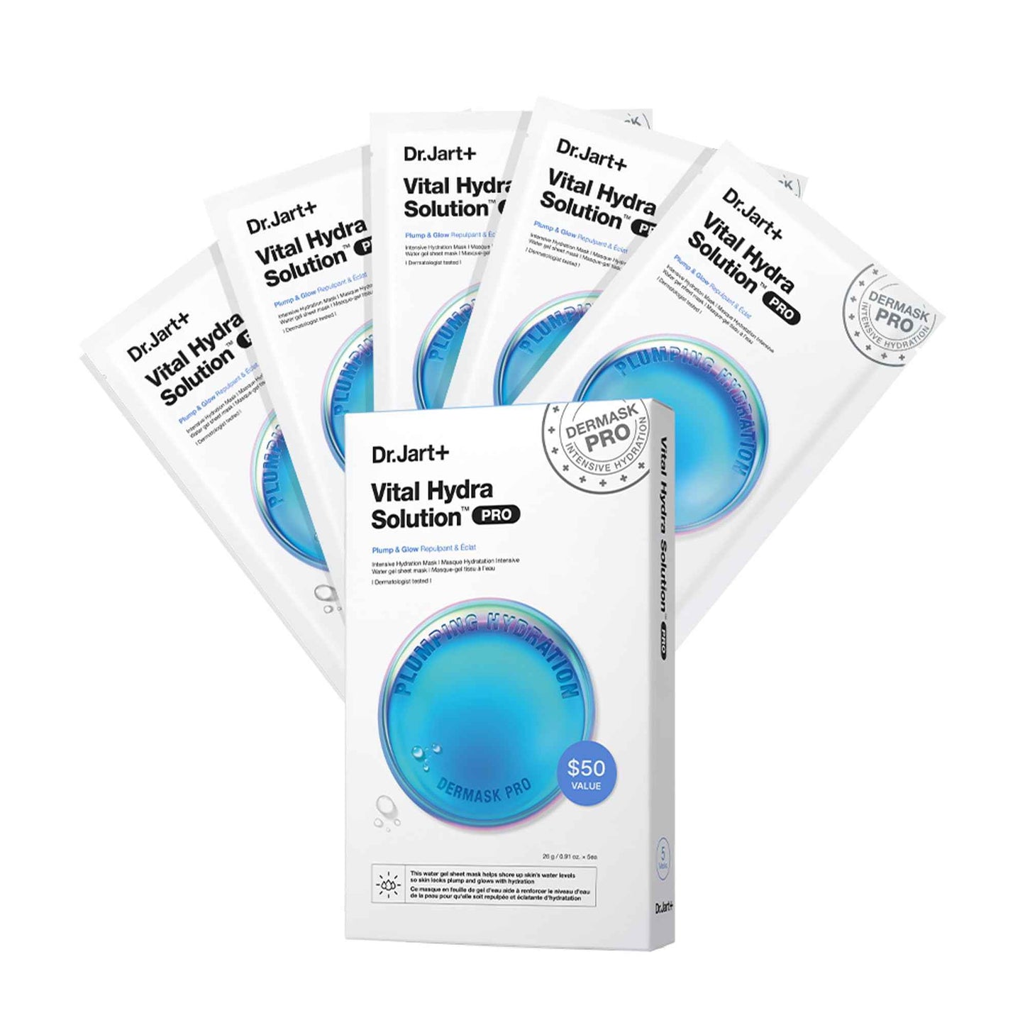 Dr.Jart+ Dermask Vital Hydra Solution Glow Korean Face Mask with Hyaluronic Acid for Glass Skin | Sheet Mask | Korean Skin Care, 5 Pack