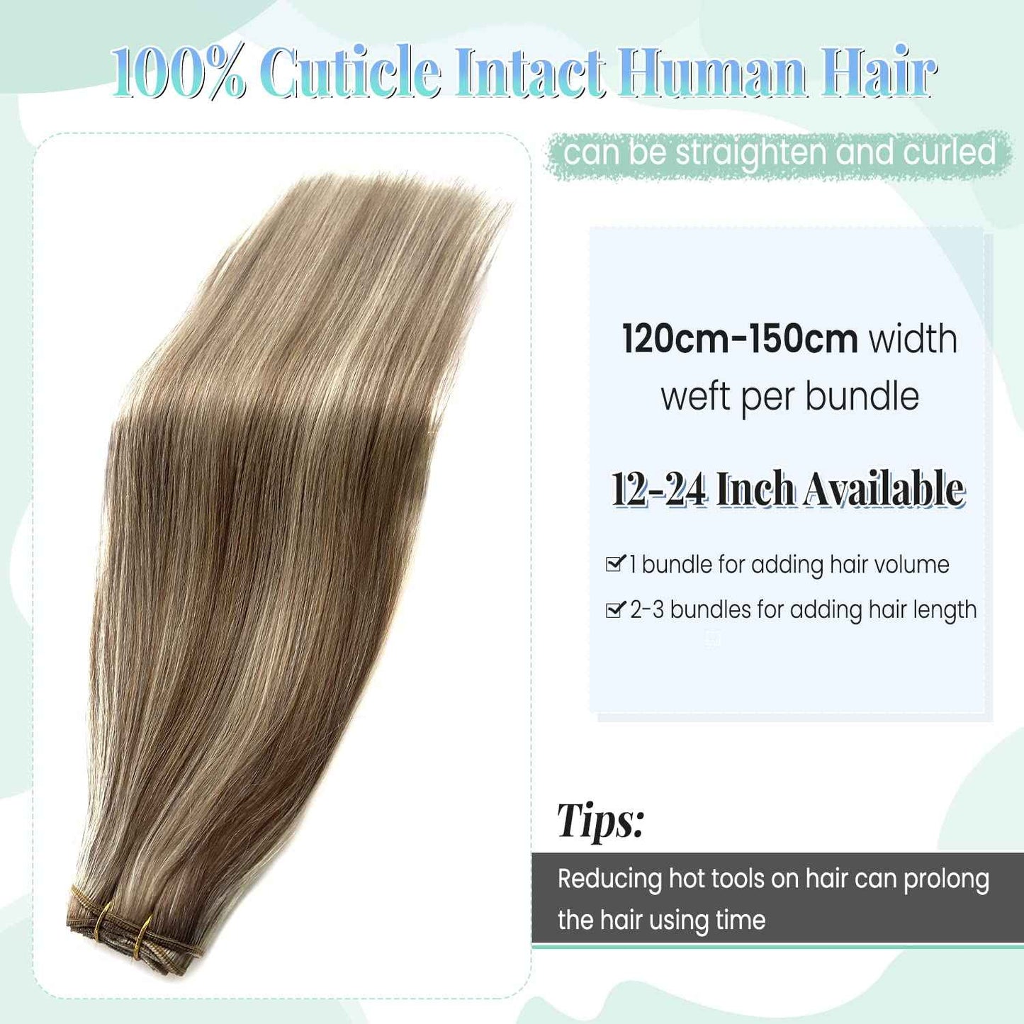 Sew in Hair Extensions Real Human Hair, Weft Hair Extensions Human Hair Bundles 14 Inch 80G Ash Brown and Blonde Balayage Ash Blonde Highlights Hand Tied Weft Hair Extensions Human Hair Weave Bundles