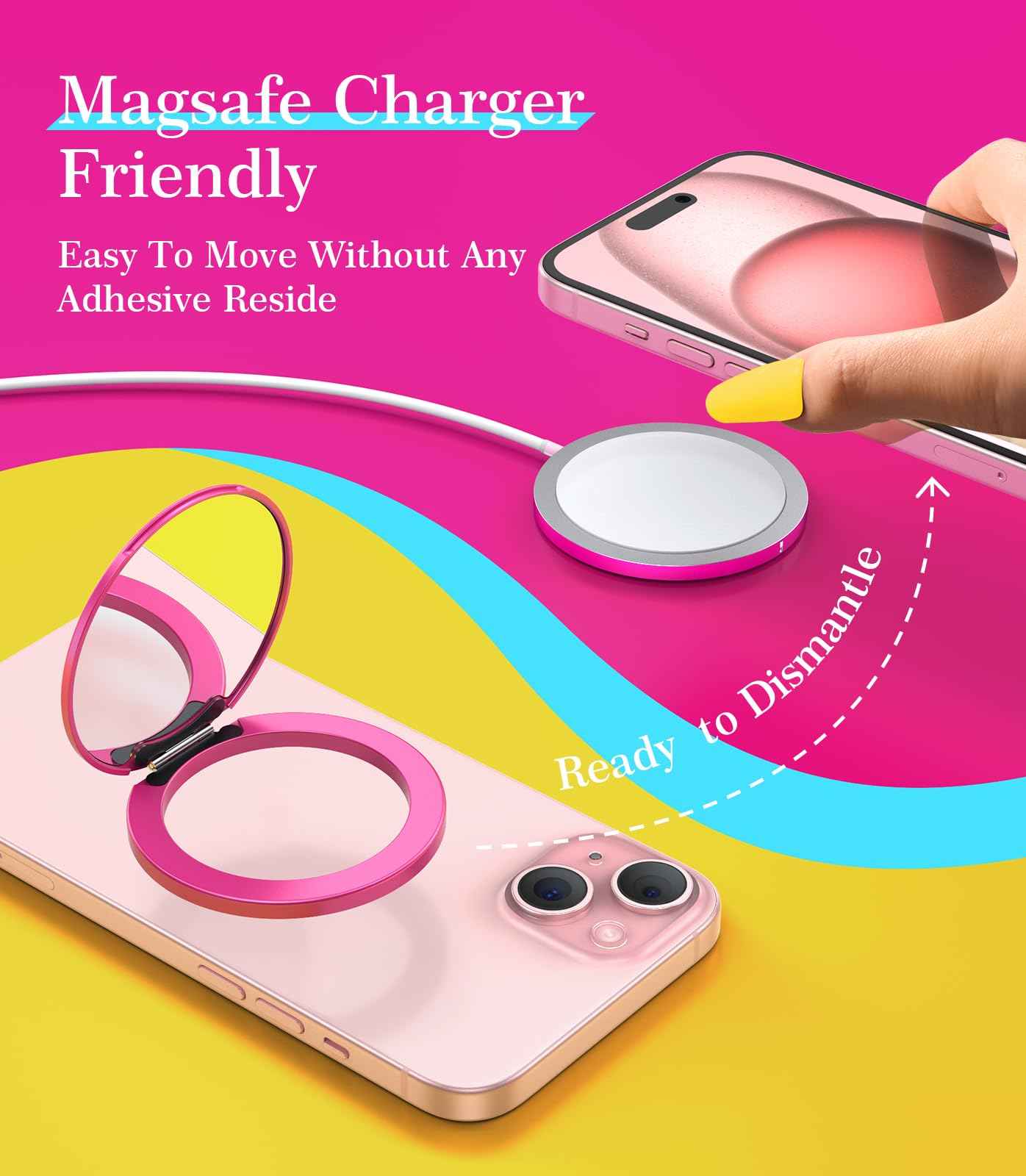 XWE Cell Phone Stand Compatible with Magsafe Mirror Mount [Anti-Scratch & Portable] Girls Women Magnetic Travel Makeup Mirror Desk Fits for iPhone 16/15/14/13/12 Plus Pro Max (Fuchsia)