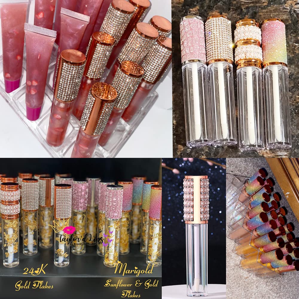 AMORIX 24 Pack 5ml Lip Gloss Tubes with Wand Multi-styles Rhinestone Lip Gloss Containers Crystal Lip Gloss Supplies Kit + 2pcs Syringes + Labels for DIY Lip Gloss Base