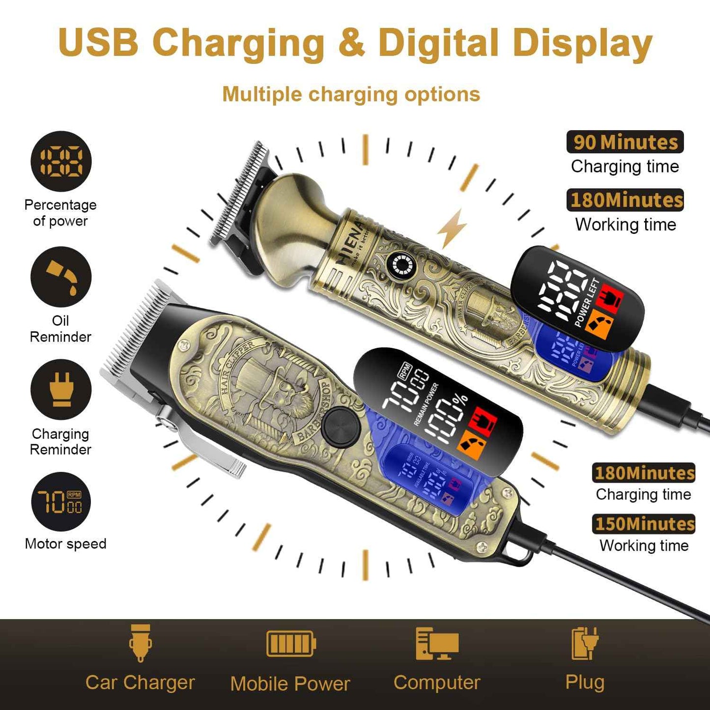 HIENA PRO Hair Clippers for Men Professional, Cordless Barber Clipper T-Blade Beard Trimmer Nose & Body Hair Trimmer Foil Shaver Grooming Kit, Electric Full Men's Hair Cutting Kit with 17 Guide Combs