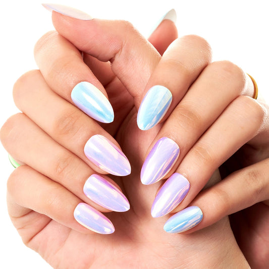 GLAMERMAID Press on Nails Short Almond, Spring Summer Handmade Purple Blue Chrome Glue on Gel Nails, Glazed Donut Glossy Fake Nails Acrylic False Nails Kits for Women Gift