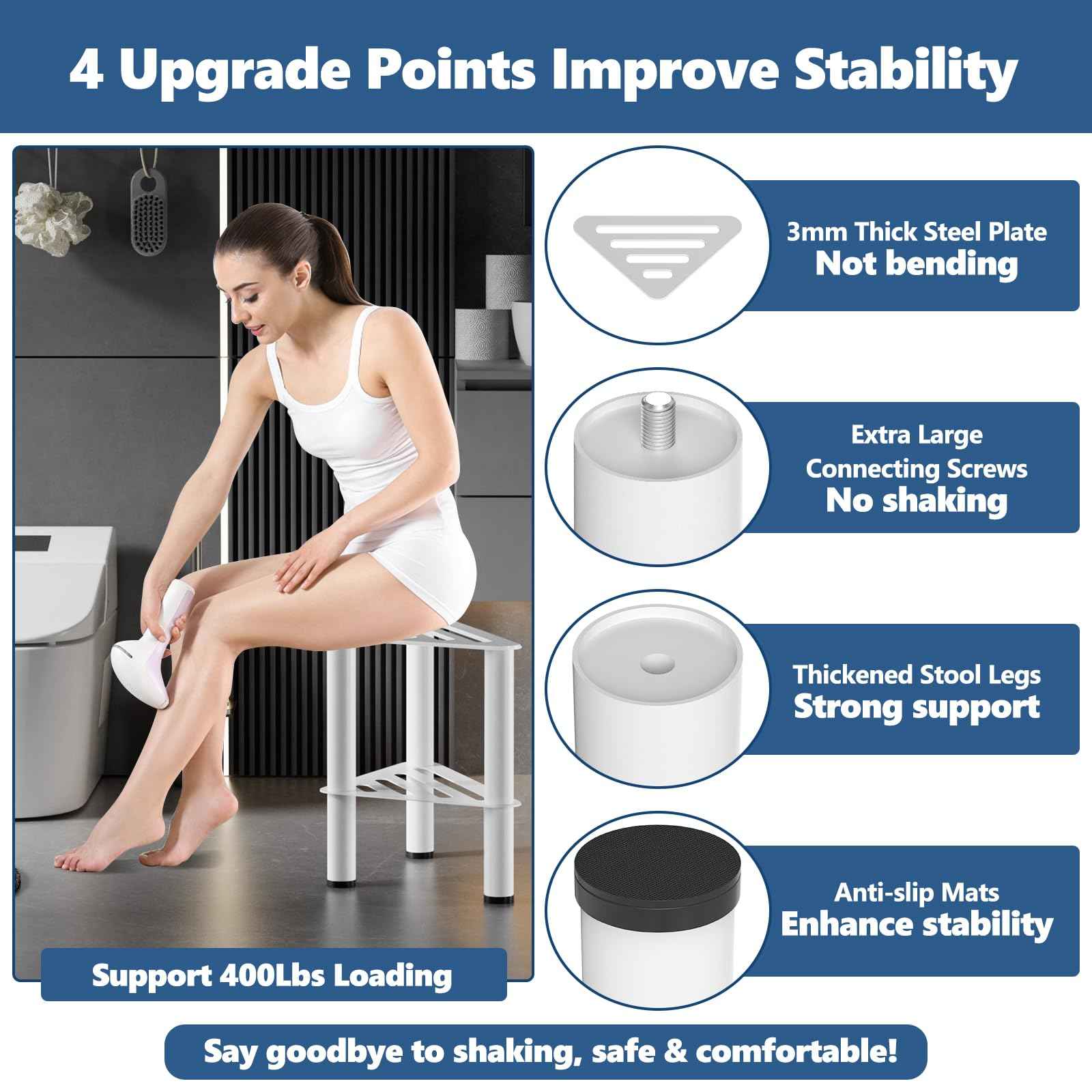 WINSTECK Upgraded Rust-Proof Metal Corner Shower Foot Stool for Shaving Legs, Shower Foot Rest Bench for Inside Shower with Storage Shelf, Small Step Stools, Non-Slip Bath Stool (White)