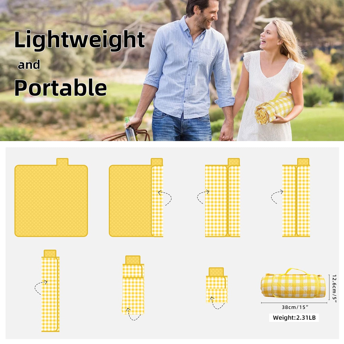 ZAZE Extra Large Picnic Blankets, 80''x80'' Washable Waterproof Foldable Oversized Compact Picnic Mat for Spring Summer Blanket Beach, Camping on Grass (Yellow and White)