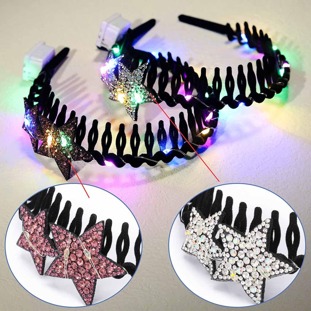 Bouory Light Up Star Headbands Rhinestone Thin Hairband with Teeth LED Non Slip Head Bands for Women 2PCS (Type B)