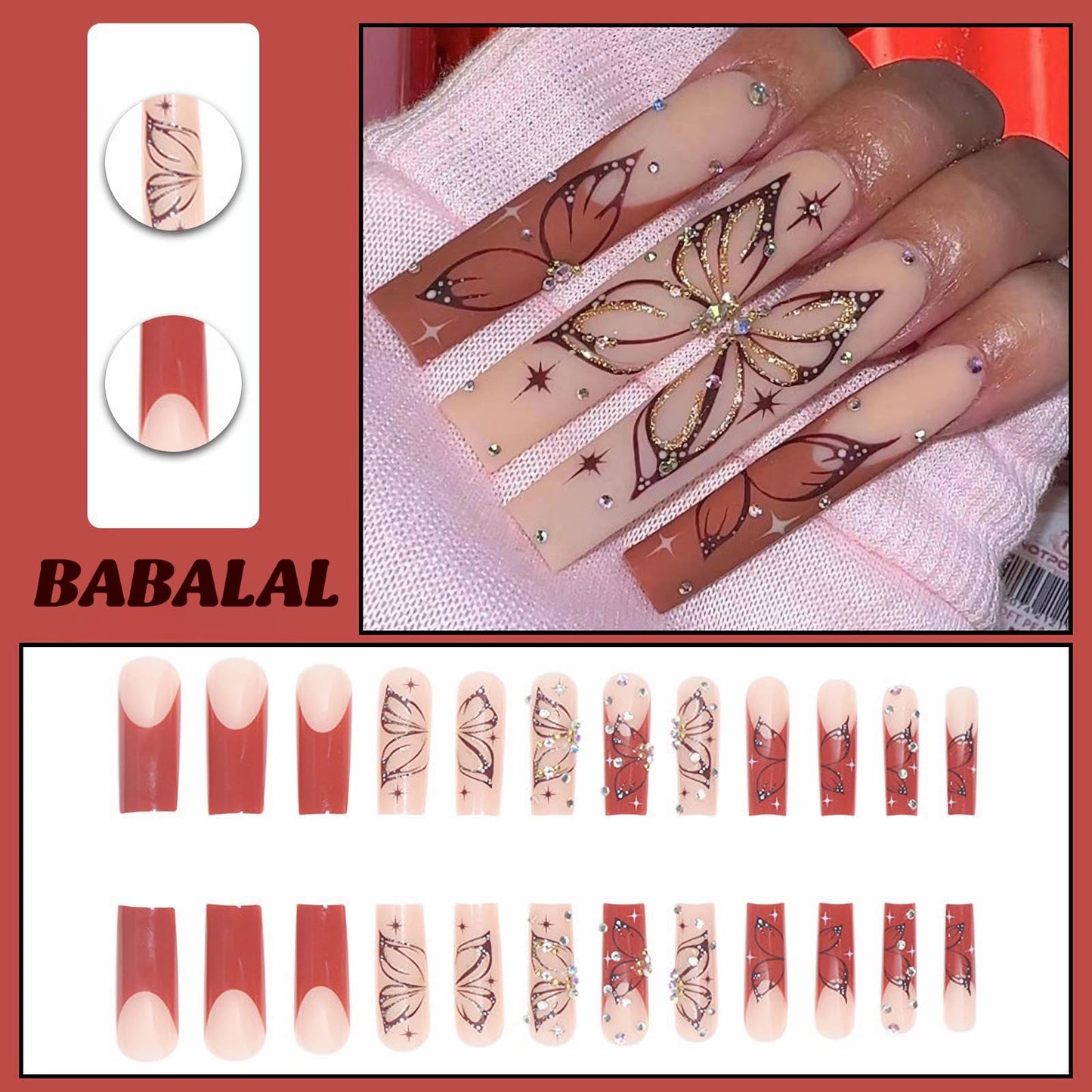 BABALAL French Tip Press on Nails Long Square Fake Nails Brown Glue on Nails Butterfly Design Rhinestone Shiny Y2k Acrylic Nails 24Pcs Squoval Manicure False Nails for Women and Girls