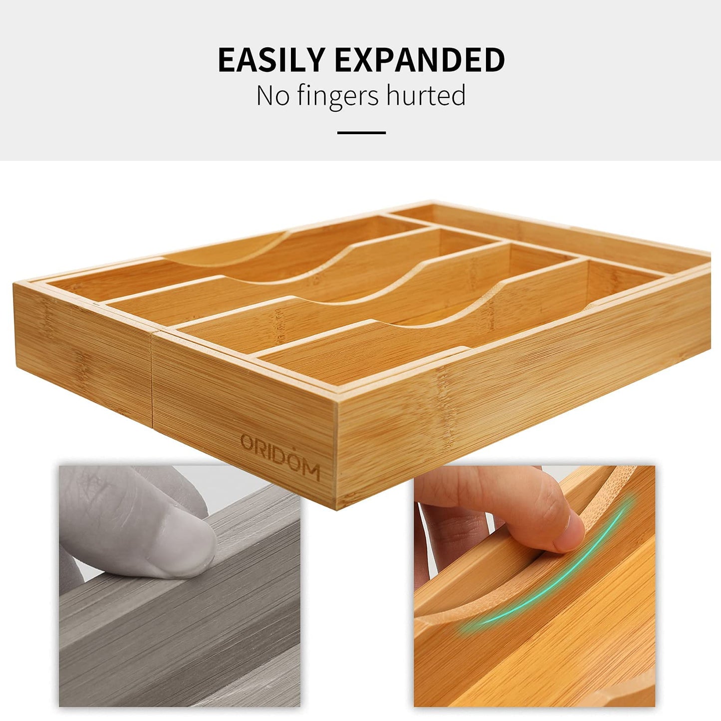 oridom Expandable Bamboo Kitchen Drawer Organizer for Cutlery and Utensils, Adjustable Bamboo Wood Cutlery Tray in Drawer for Flatware and Silverware in Kitchen, (Natural)