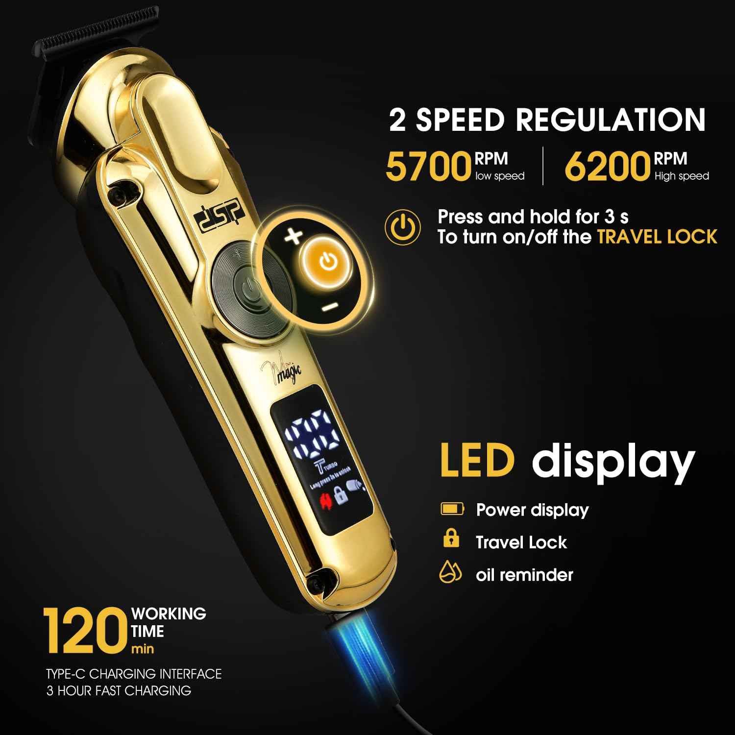 DSP Men's Grooming Kit, Beard Trimmer for Men, Nose Trimmer, Body Trimmer, Foil Shaver, T-Blade, Mustache, Cordless Hair Trimmer, IPX6 Waterproof,2 Speeds Adjustable, Gift for Men (Gold)