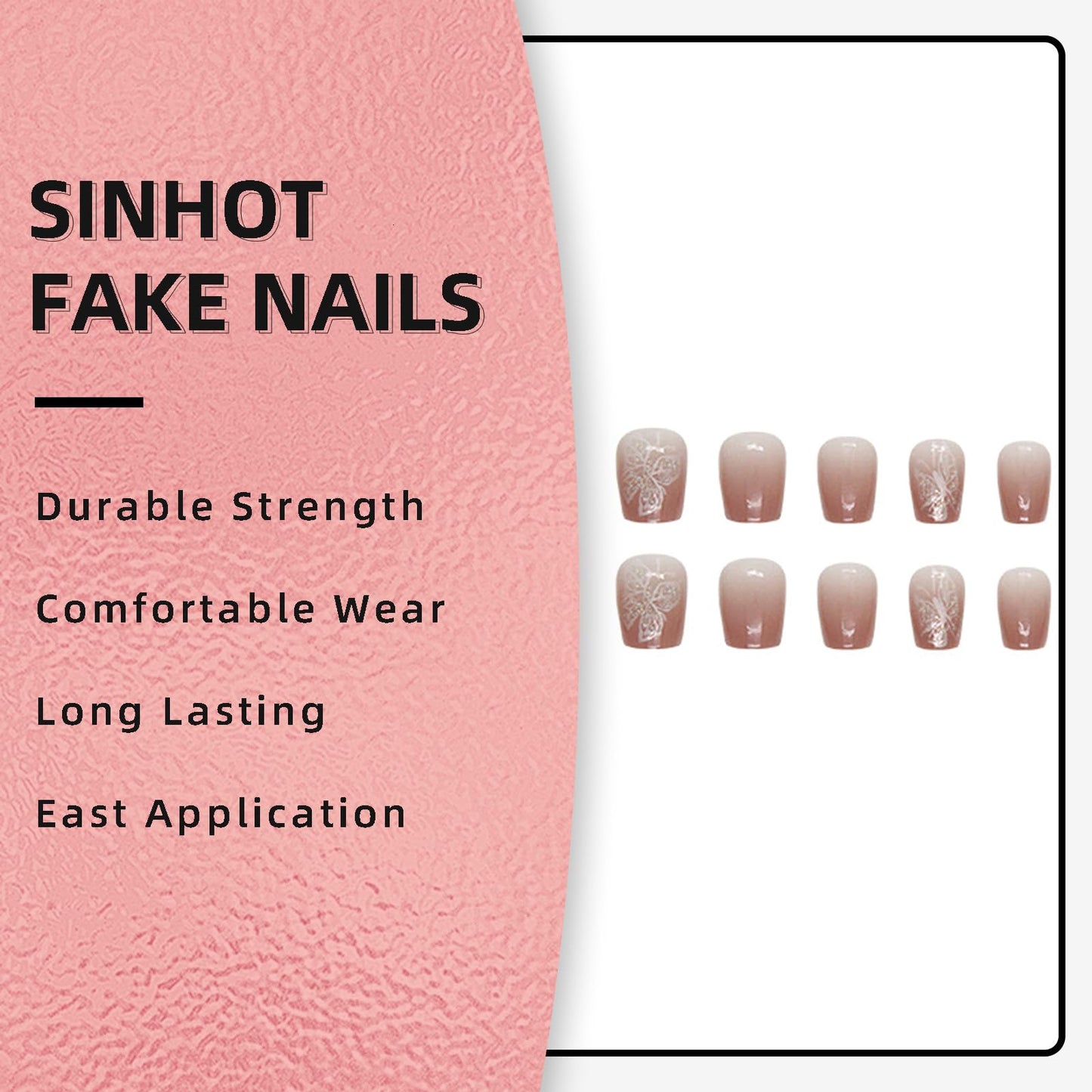 SINHOT Coffin Press on Nails Short Ballerina Fake Nails Glossy Glue on Nails Pink Gradient Acrylic Nails 3D Butterfly Arificial Nails Stick on False Nails with Design 24 pcs